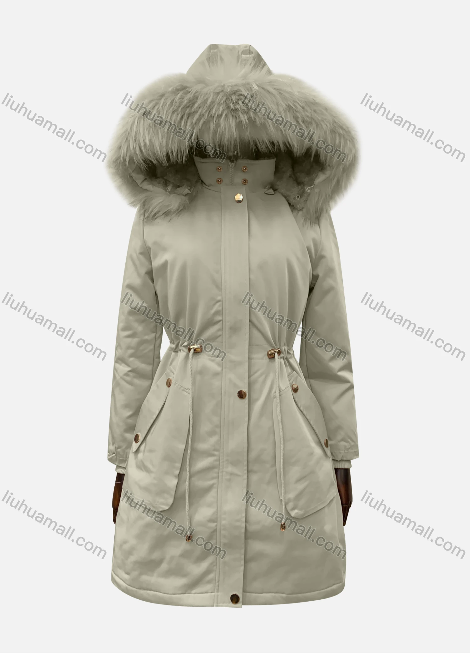Wholesale Women's Hooded Fuzzy Faux Fur Collar Zipper Buttons Drawstring Pockets Mid Length Coat - Liuhuamall