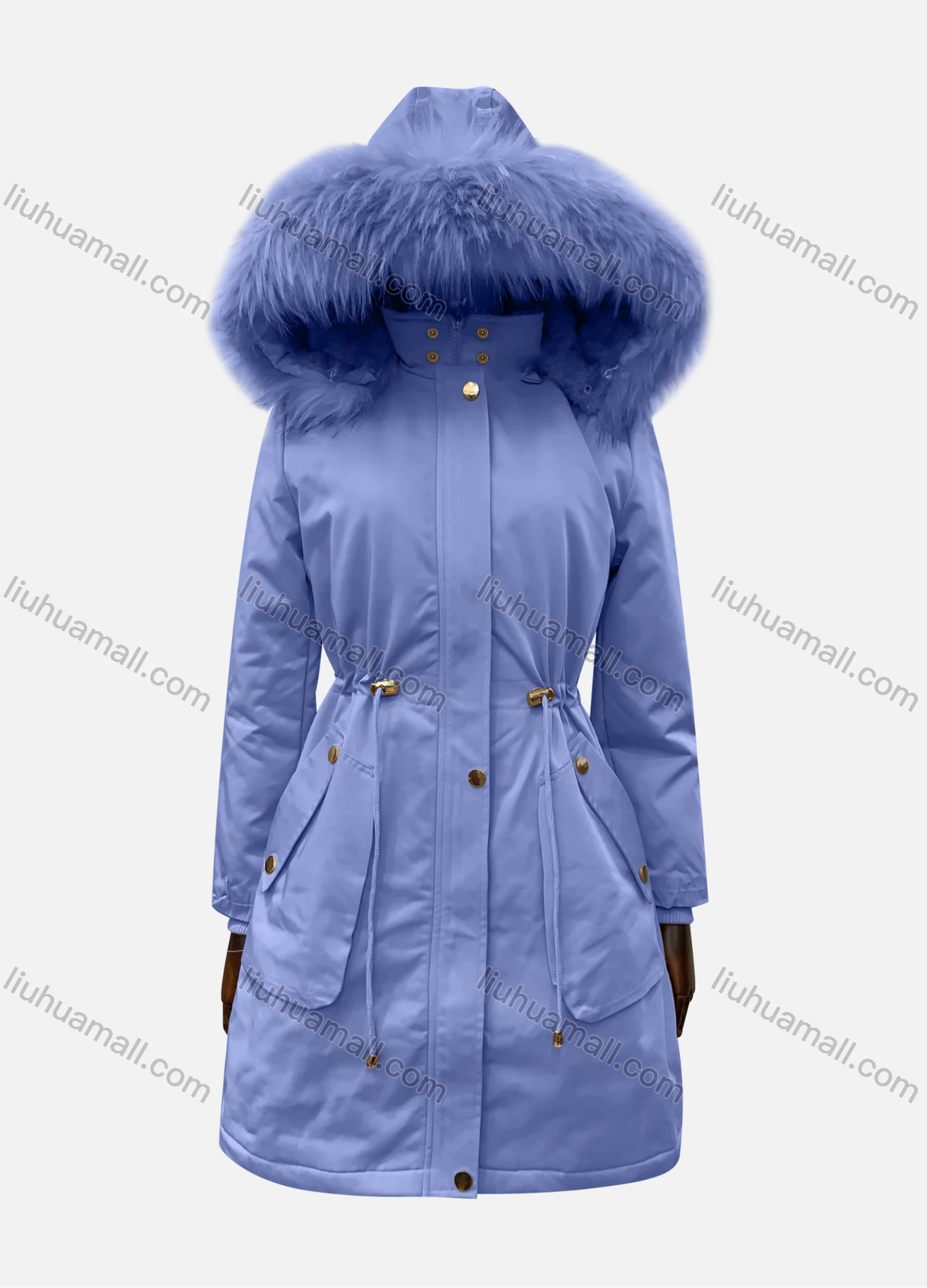 Wholesale Women's Hooded Fuzzy Faux Fur Collar Zipper Buttons Drawstring Pockets Mid Length Coat - Liuhuamall