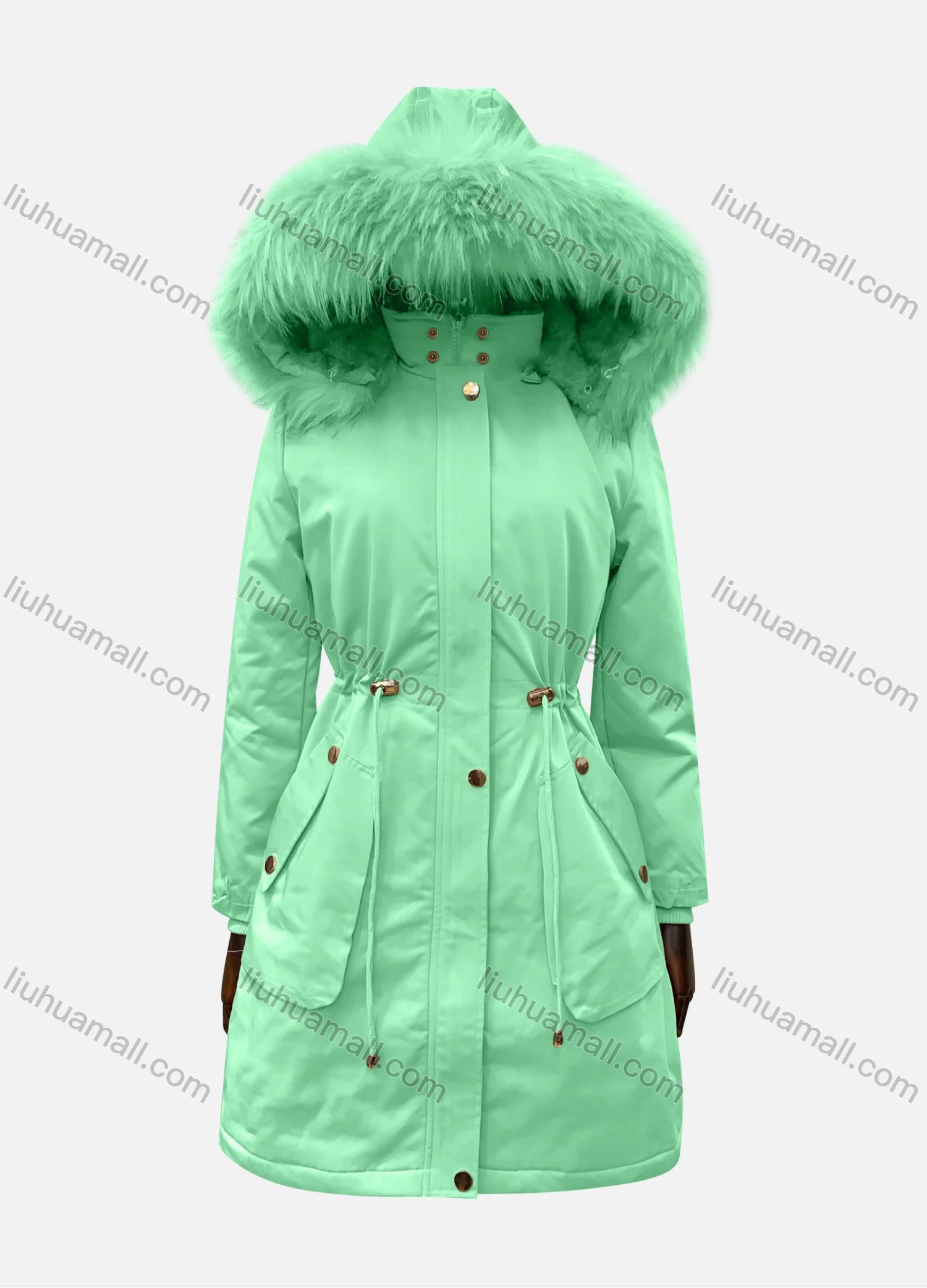 Wholesale Women's Hooded Fuzzy Faux Fur Collar Zipper Buttons Drawstring Pockets Mid Length Coat - Liuhuamall