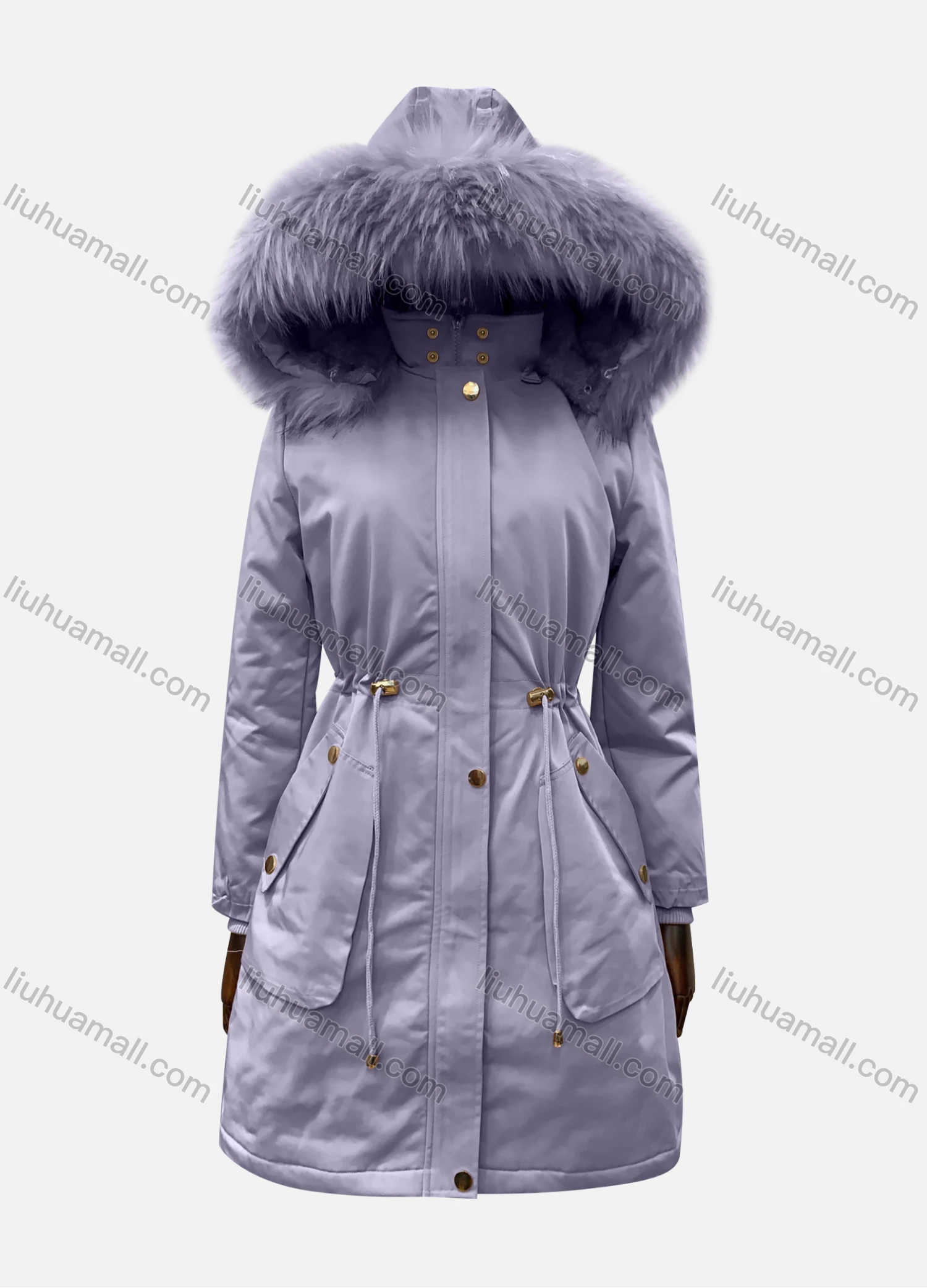 Wholesale Women's Hooded Fuzzy Faux Fur Collar Zipper Buttons Drawstring Pockets Mid Length Coat - Liuhuamall