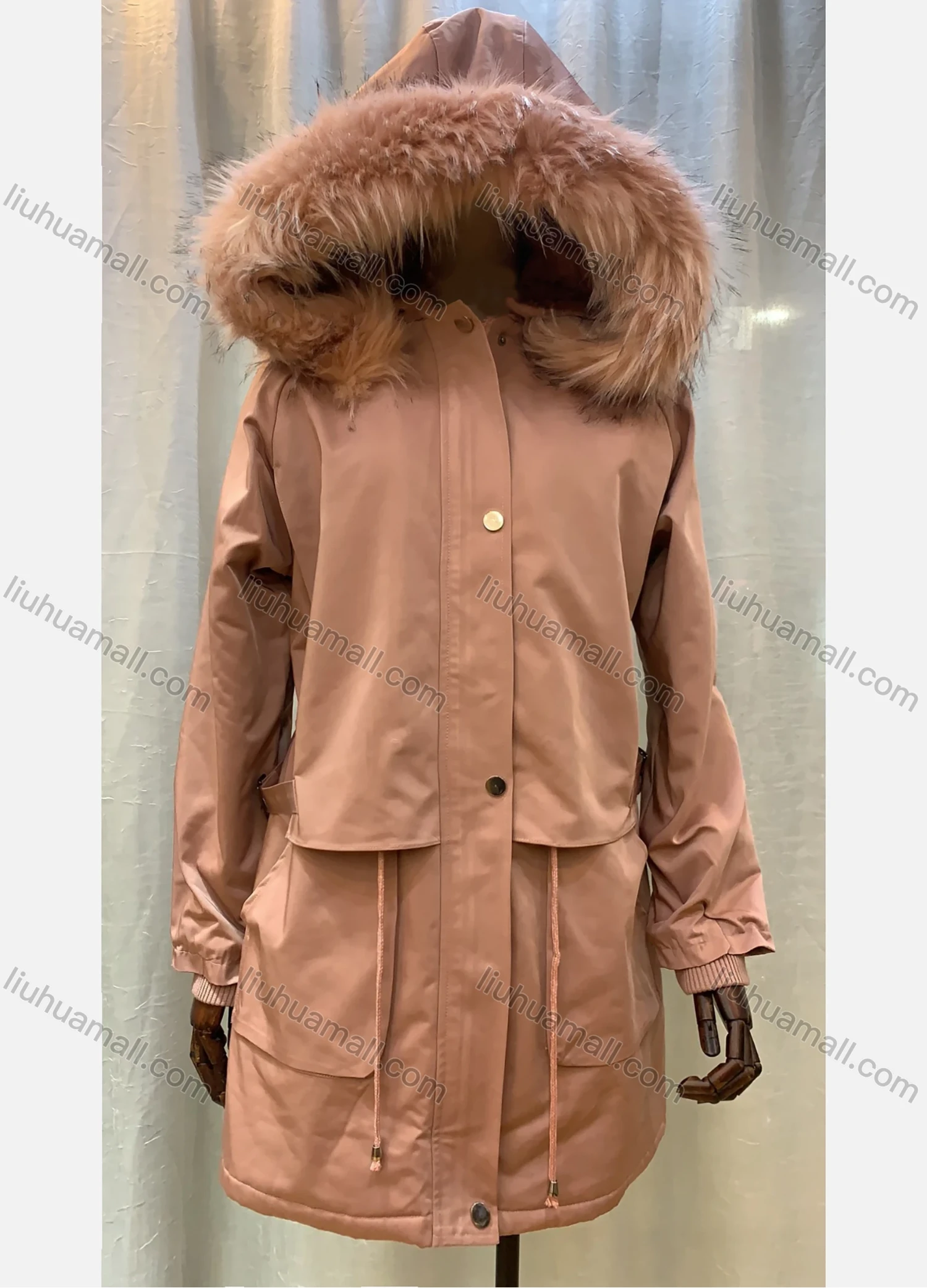 Wholesale Women's Hooded Fuzzy Faux Fur Collar Zipper Buttons Layered Drawstring Belted Pockets Mid Length Coat - Liuhuamall