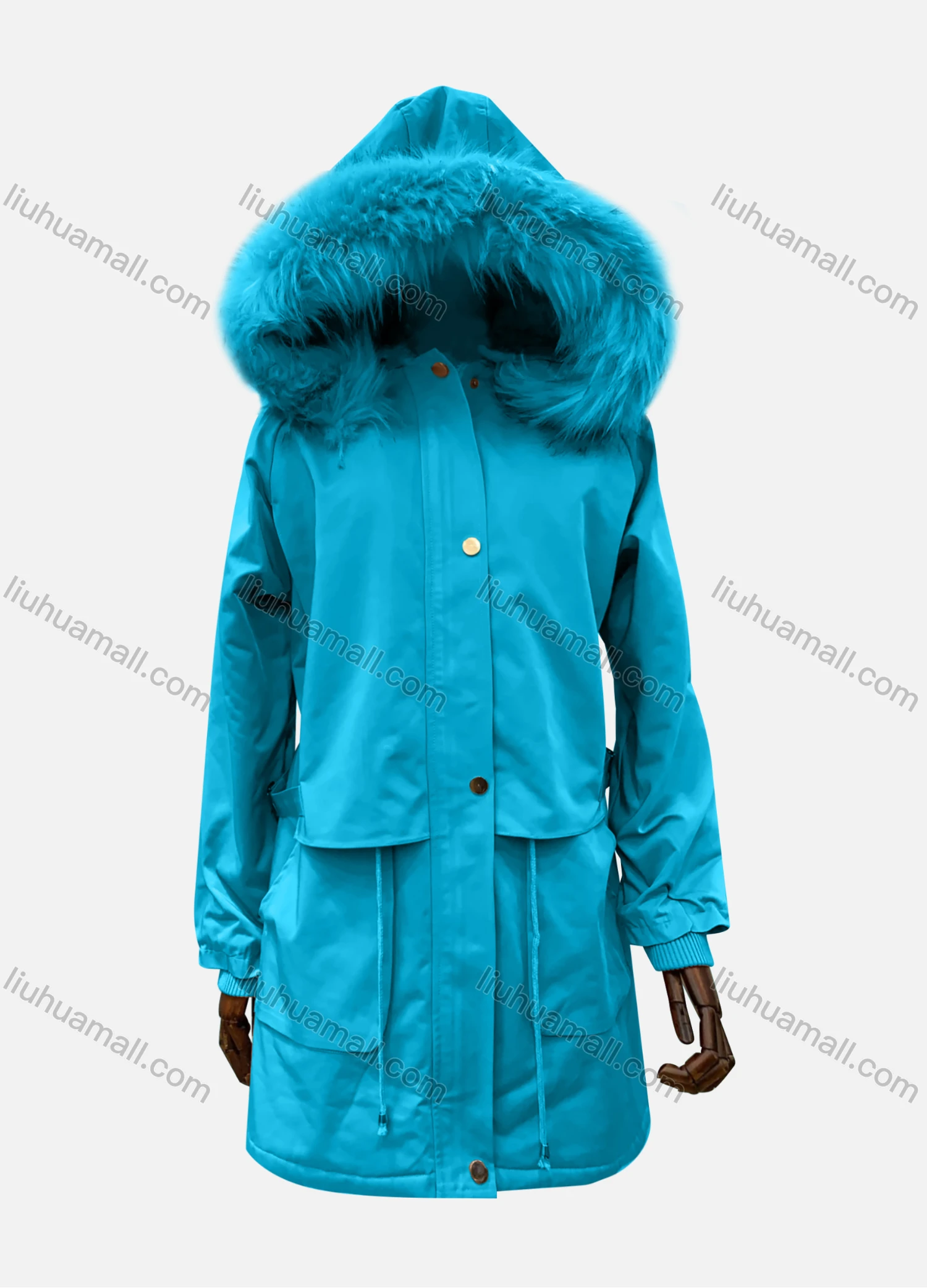 Wholesale Women's Hooded Fuzzy Faux Fur Collar Zipper Buttons Layered Drawstring Belted Pockets Mid Length Coat - Liuhuamall