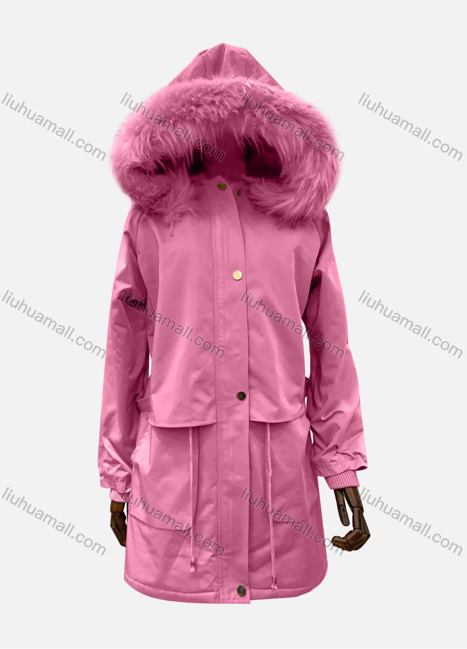 Wholesale Women's Hooded Fuzzy Faux Fur Collar Zipper Buttons Layered Drawstring Belted Pockets Mid Length Coat - Liuhuamall