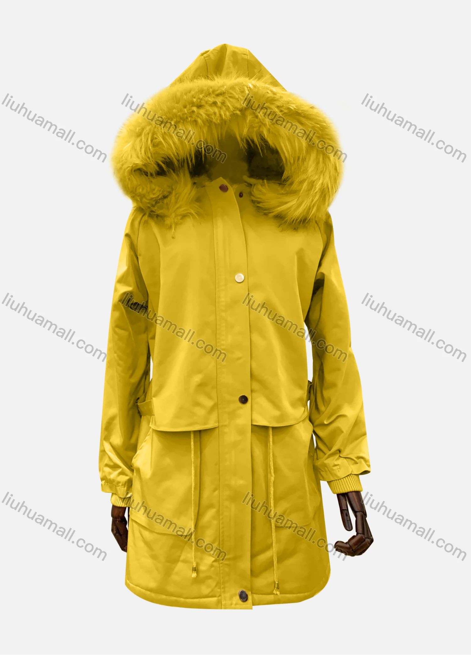 Wholesale Women's Hooded Fuzzy Faux Fur Collar Zipper Buttons Layered Drawstring Belted Pockets Mid Length Coat - Liuhuamall