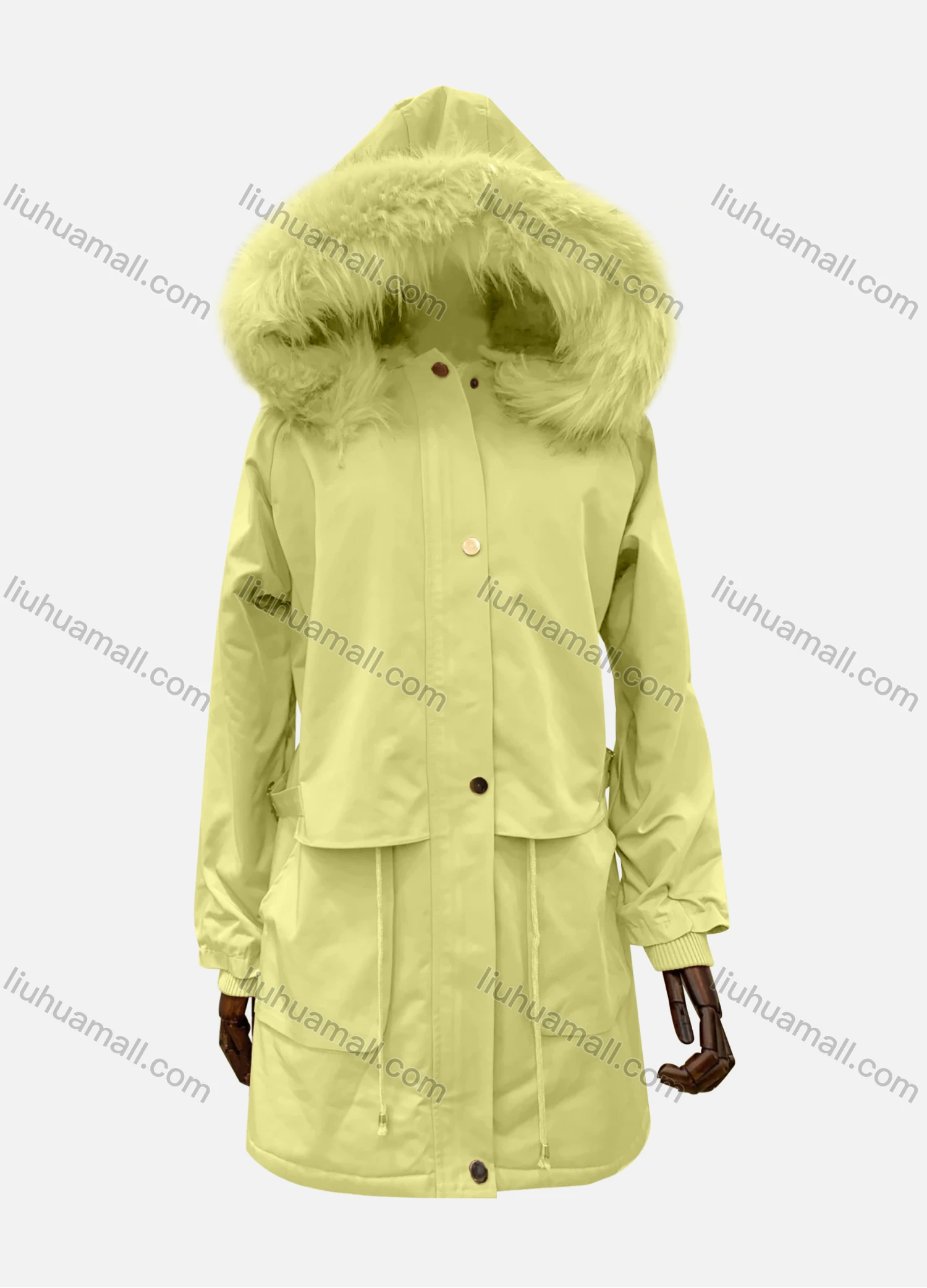 Wholesale Women's Hooded Fuzzy Faux Fur Collar Zipper Buttons Layered Drawstring Belted Pockets Mid Length Coat - Liuhuamall