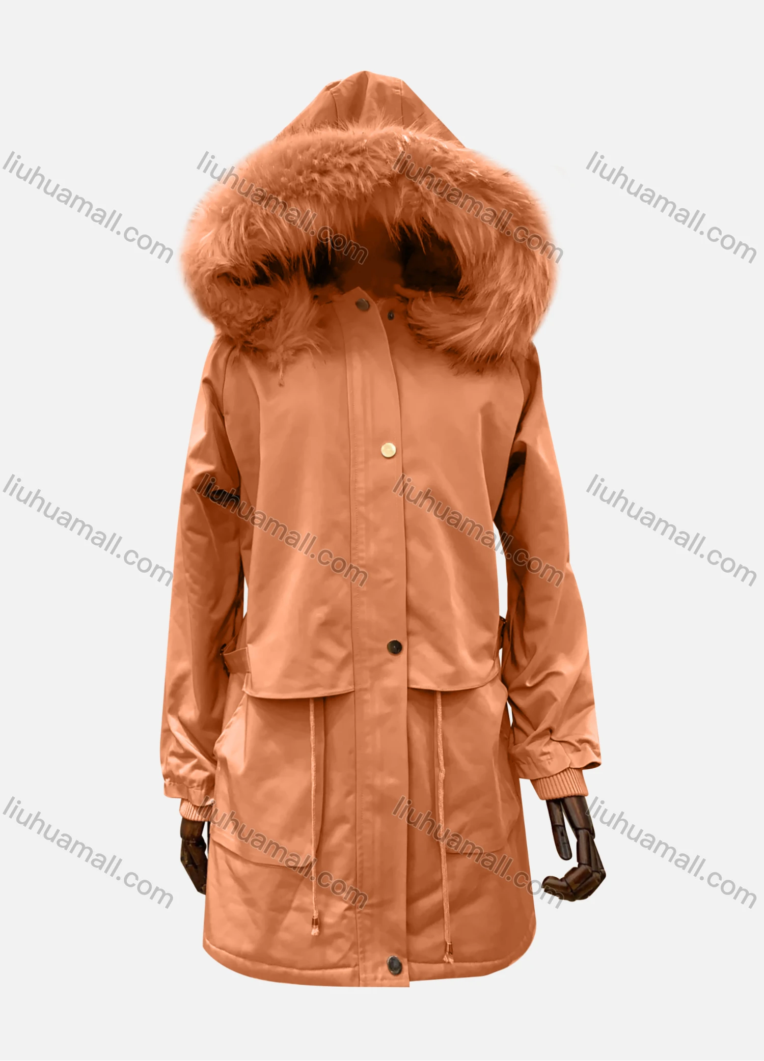 Wholesale Women's Hooded Fuzzy Faux Fur Collar Zipper Buttons Layered Drawstring Belted Pockets Mid Length Coat - Liuhuamall