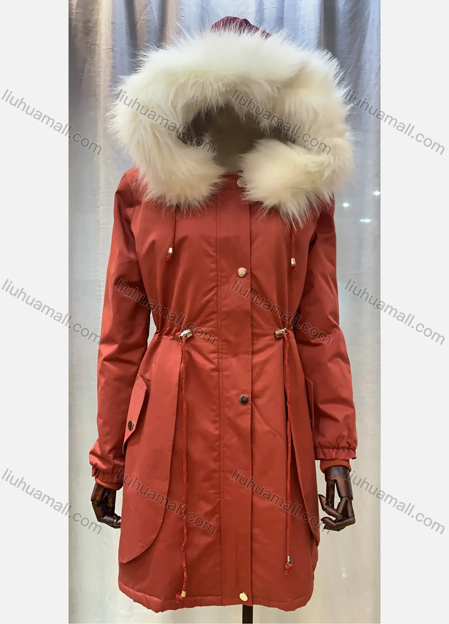Wholesale Women's Hooded Fuzzy Faux Fur Collar Buttons Drawstring Pockets Layered Mid Length Coat - Liuhuamall