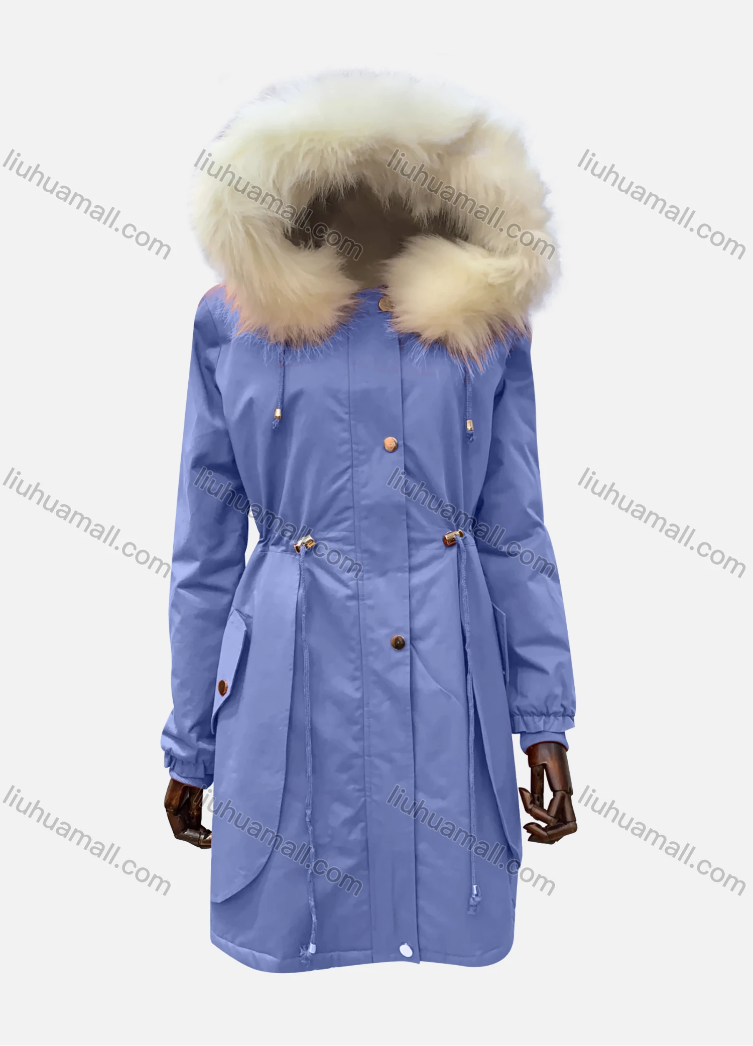 Wholesale Women's Hooded Fuzzy Faux Fur Collar Buttons Drawstring Pockets Layered Mid Length Coat - Liuhuamall