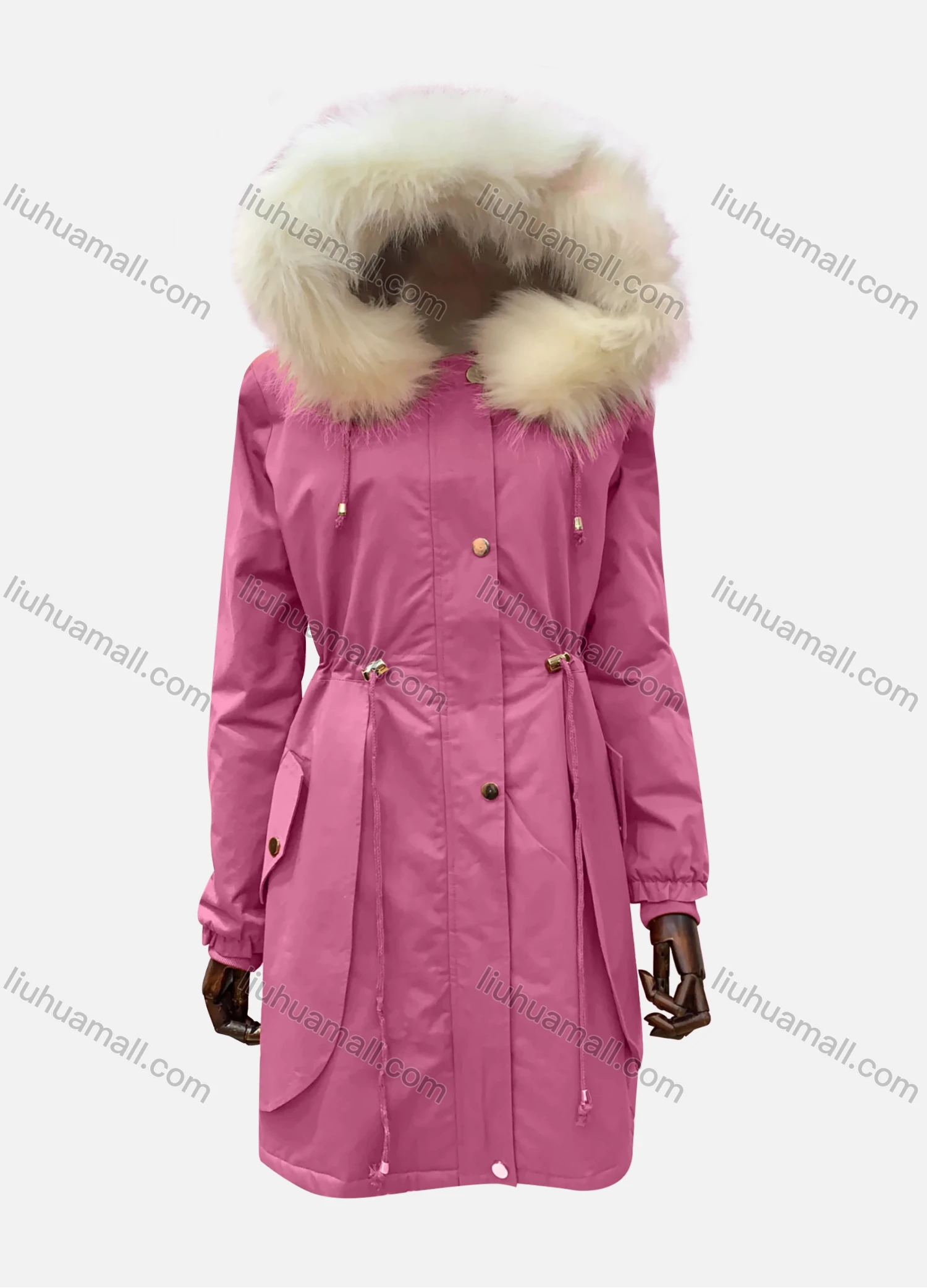 Wholesale Women's Hooded Fuzzy Faux Fur Collar Buttons Drawstring Pockets Layered Mid Length Coat - Liuhuamall
