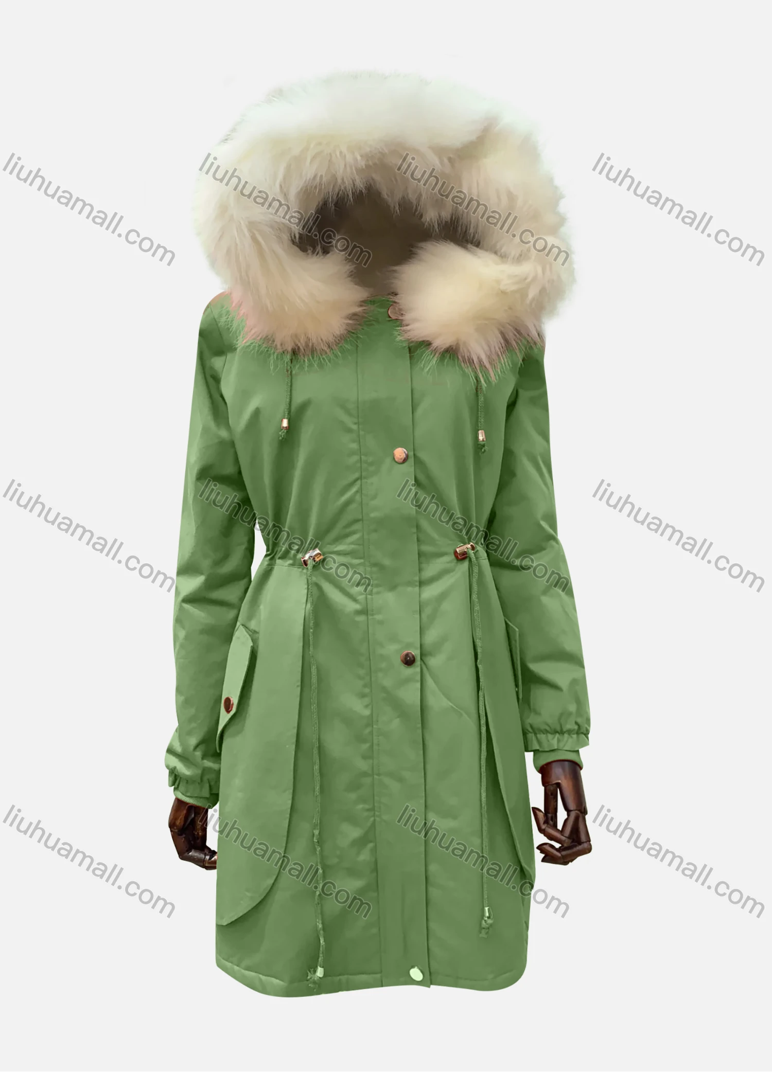 Wholesale Women's Hooded Fuzzy Faux Fur Collar Buttons Drawstring Pockets Layered Mid Length Coat - Liuhuamall