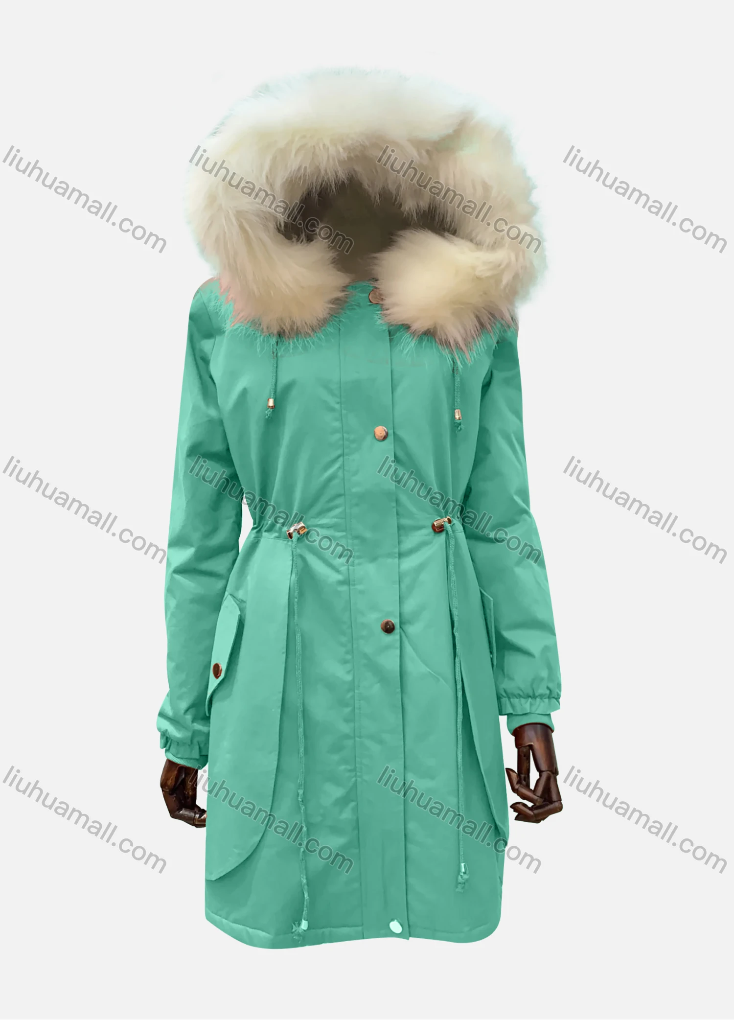 Wholesale Women's Hooded Fuzzy Faux Fur Collar Buttons Drawstring Pockets Layered Mid Length Coat - Liuhuamall