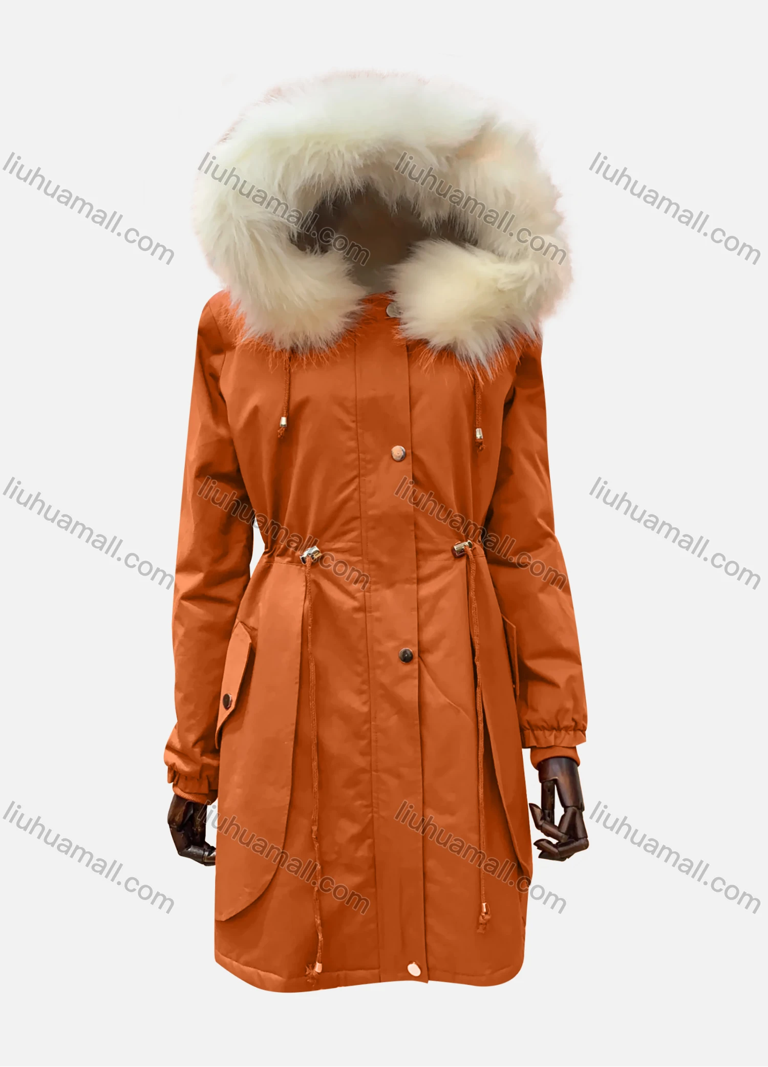 Wholesale Women's Hooded Fuzzy Faux Fur Collar Buttons Drawstring Pockets Layered Mid Length Coat - Liuhuamall