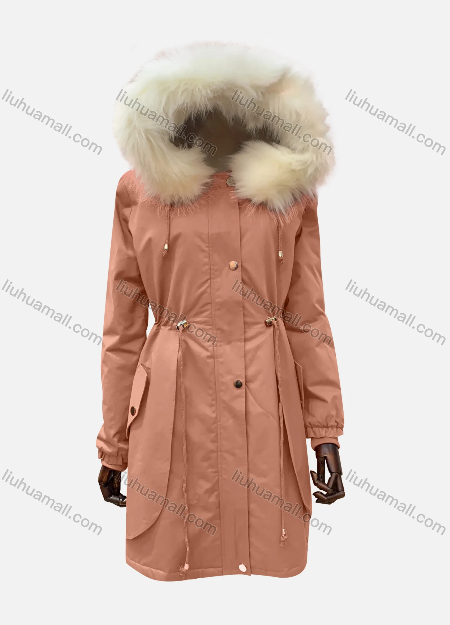 Wholesale Women's Hooded Fuzzy Faux Fur Collar Buttons Drawstring Pockets Layered Mid Length Coat - Liuhuamall