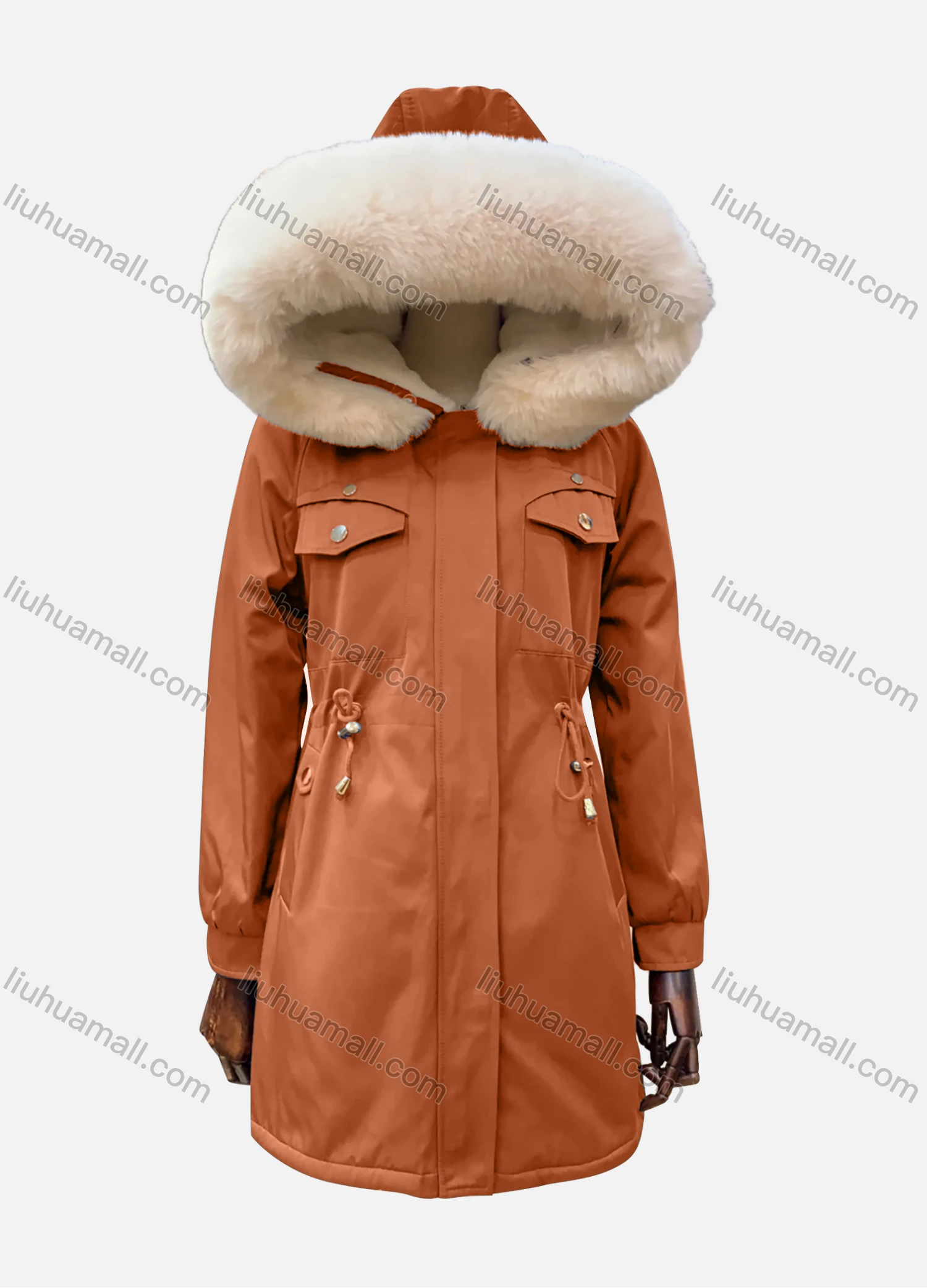 Wholesale Women's Hooded Fuzzy Faux Fur Collar Buttons Drawstring Flap Pockets Mid Length Coat - Liuhuamall