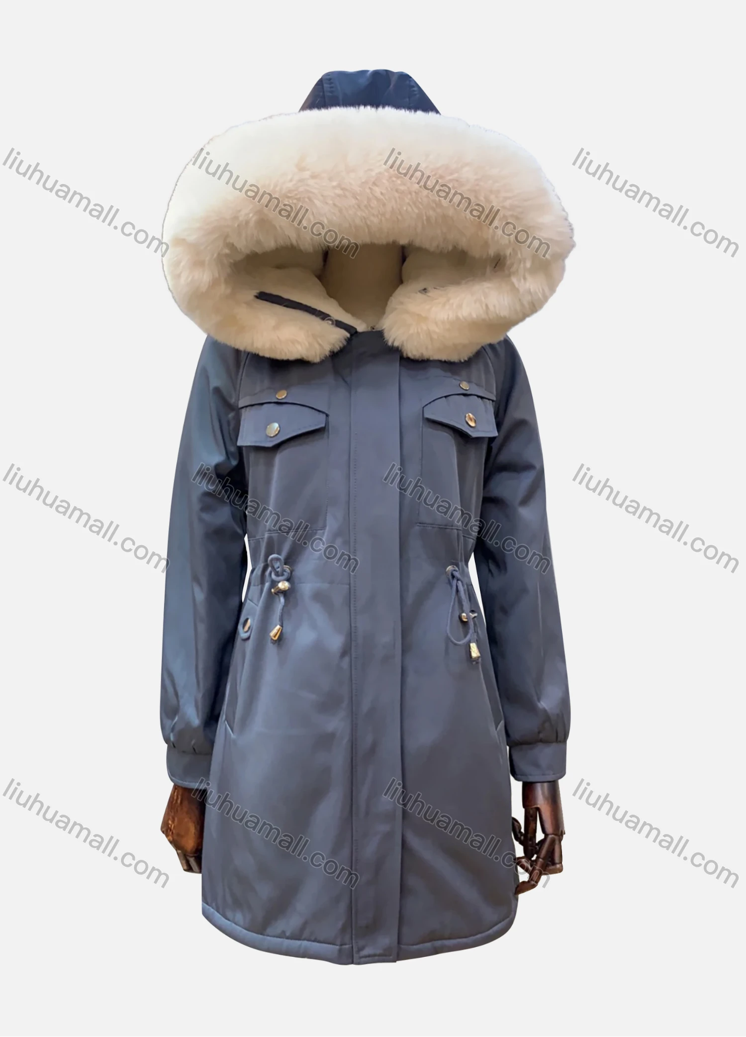 Wholesale Women's Hooded Fuzzy Faux Fur Collar Buttons Drawstring Flap Pockets Mid Length Coat - Liuhuamall