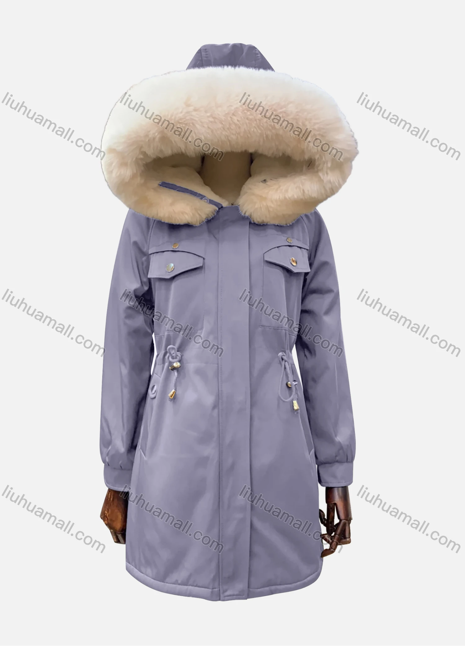 Wholesale Women's Hooded Fuzzy Faux Fur Collar Buttons Drawstring Flap Pockets Mid Length Coat - Liuhuamall