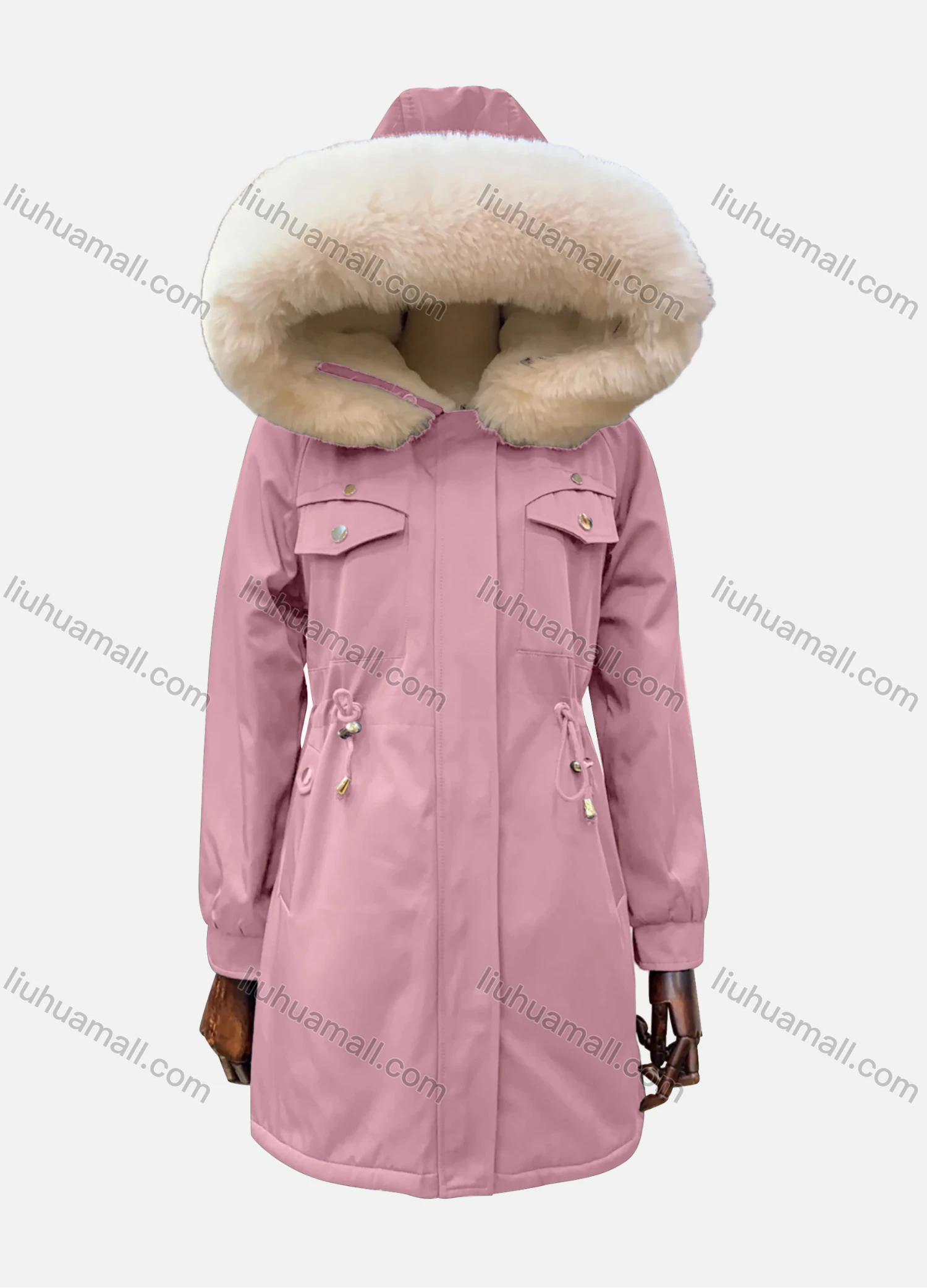 Wholesale Women's Hooded Fuzzy Faux Fur Collar Buttons Drawstring Flap Pockets Mid Length Coat - Liuhuamall