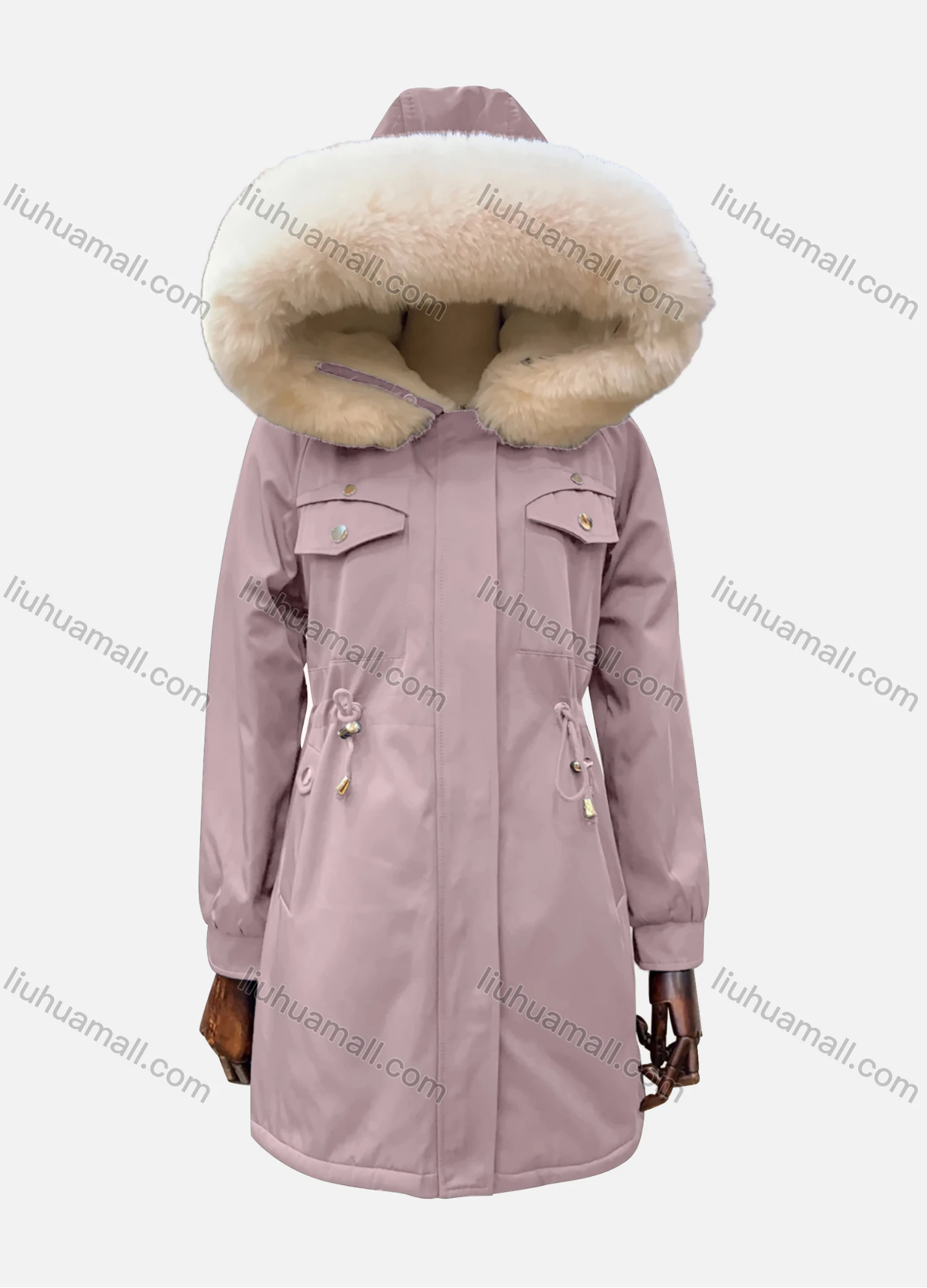 Wholesale Women's Hooded Fuzzy Faux Fur Collar Buttons Drawstring Flap Pockets Mid Length Coat - Liuhuamall