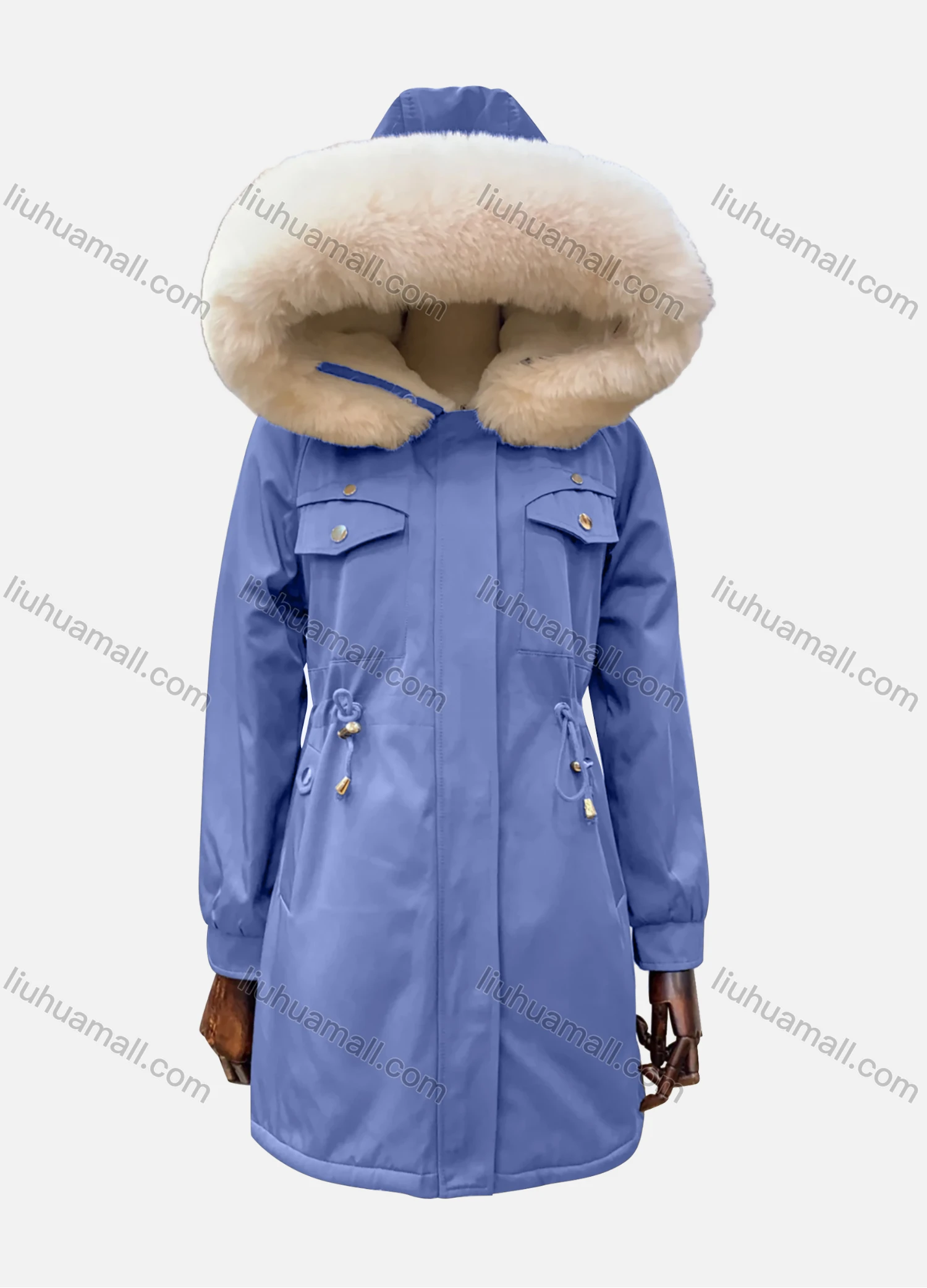 Wholesale Women's Hooded Fuzzy Faux Fur Collar Buttons Drawstring Flap Pockets Mid Length Coat - Liuhuamall