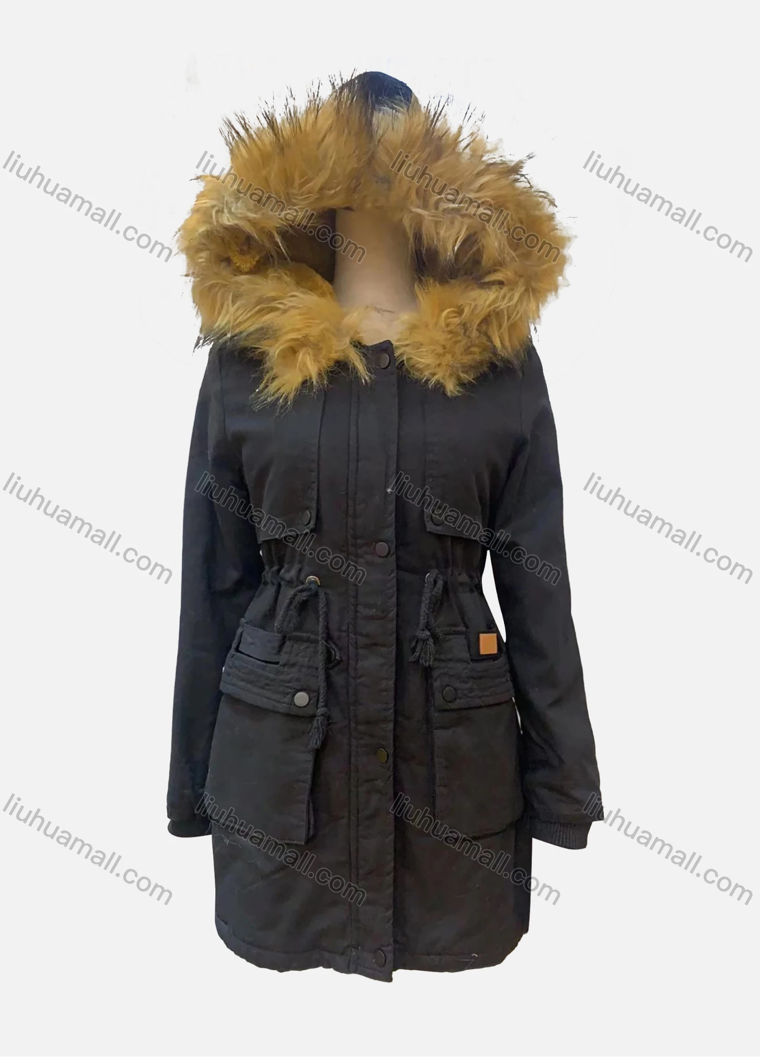 Wholesale Women's Fuzzy Hooded Faux Fur Collar Buttons Drawstring Flap Pockets Labelled Mid Length Coat - Liuhuamall