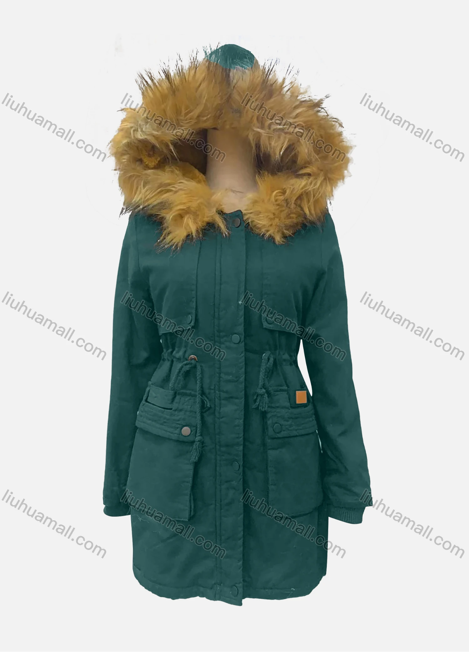 Wholesale Women's Fuzzy Hooded Faux Fur Collar Buttons Drawstring Flap Pockets Labelled Mid Length Coat - Liuhuamall