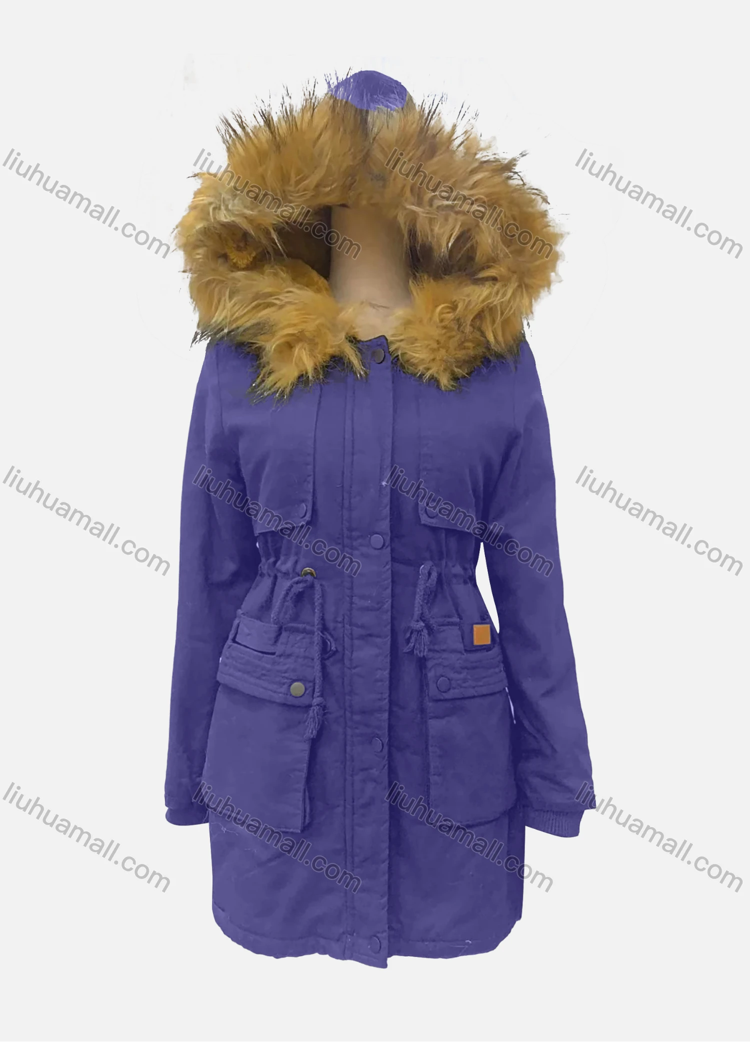 Wholesale Women's Fuzzy Hooded Faux Fur Collar Buttons Drawstring Flap Pockets Labelled Mid Length Coat - Liuhuamall