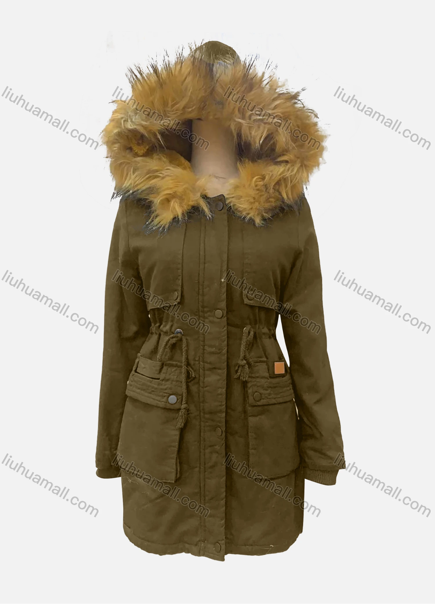 Wholesale Women's Fuzzy Hooded Faux Fur Collar Buttons Drawstring Flap Pockets Labelled Mid Length Coat - Liuhuamall