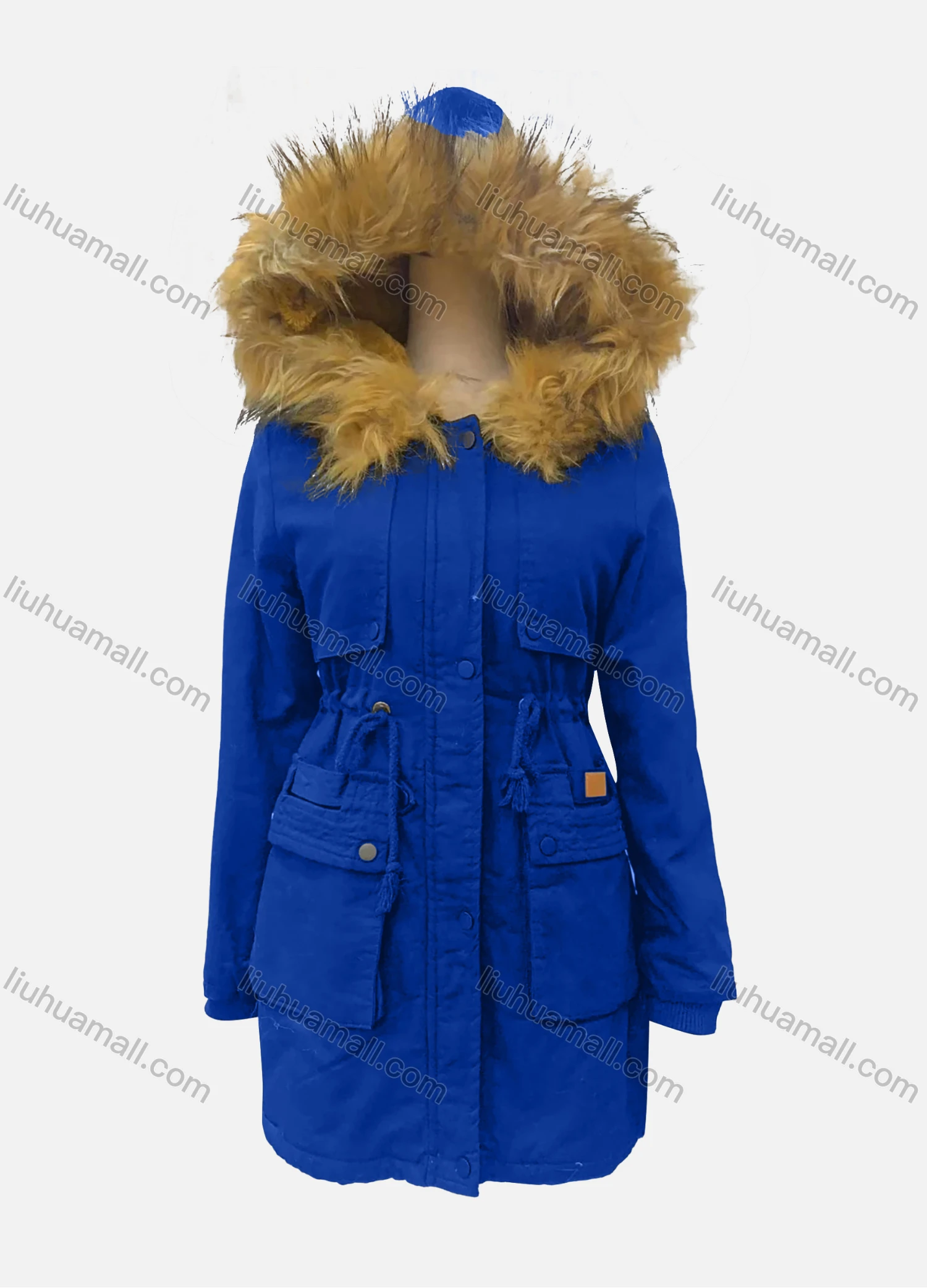 Wholesale Women's Fuzzy Hooded Faux Fur Collar Buttons Drawstring Flap Pockets Labelled Mid Length Coat - Liuhuamall