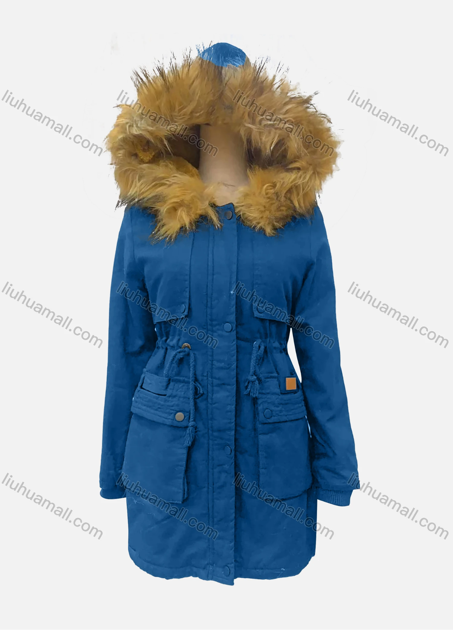 Wholesale Women's Fuzzy Hooded Faux Fur Collar Buttons Drawstring Flap Pockets Labelled Mid Length Coat - Liuhuamall