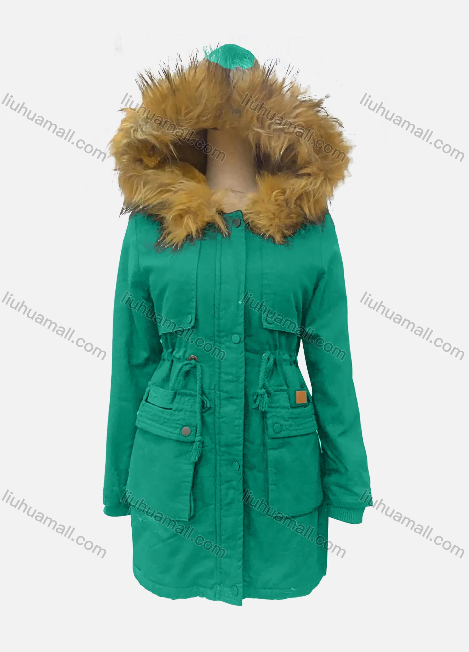 Wholesale Women's Fuzzy Hooded Faux Fur Collar Buttons Drawstring Flap Pockets Labelled Mid Length Coat - Liuhuamall