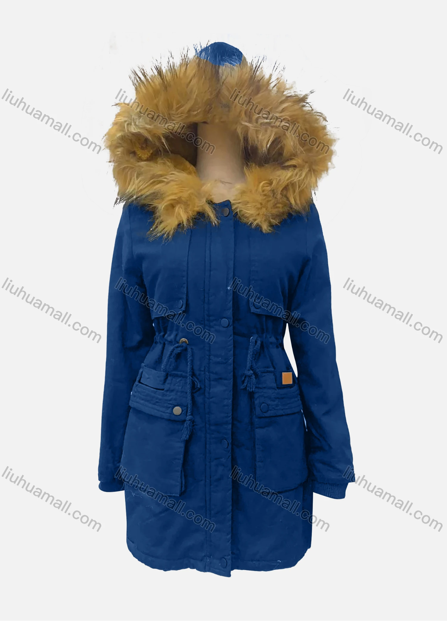 Wholesale Women's Fuzzy Hooded Faux Fur Collar Buttons Drawstring Flap Pockets Labelled Mid Length Coat - Liuhuamall