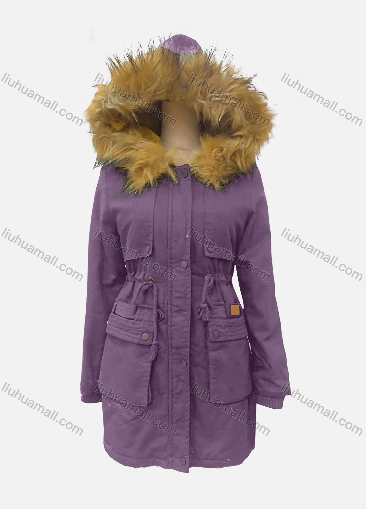 Wholesale Women's Fuzzy Hooded Faux Fur Collar Buttons Drawstring Flap Pockets Labelled Mid Length Coat - Liuhuamall