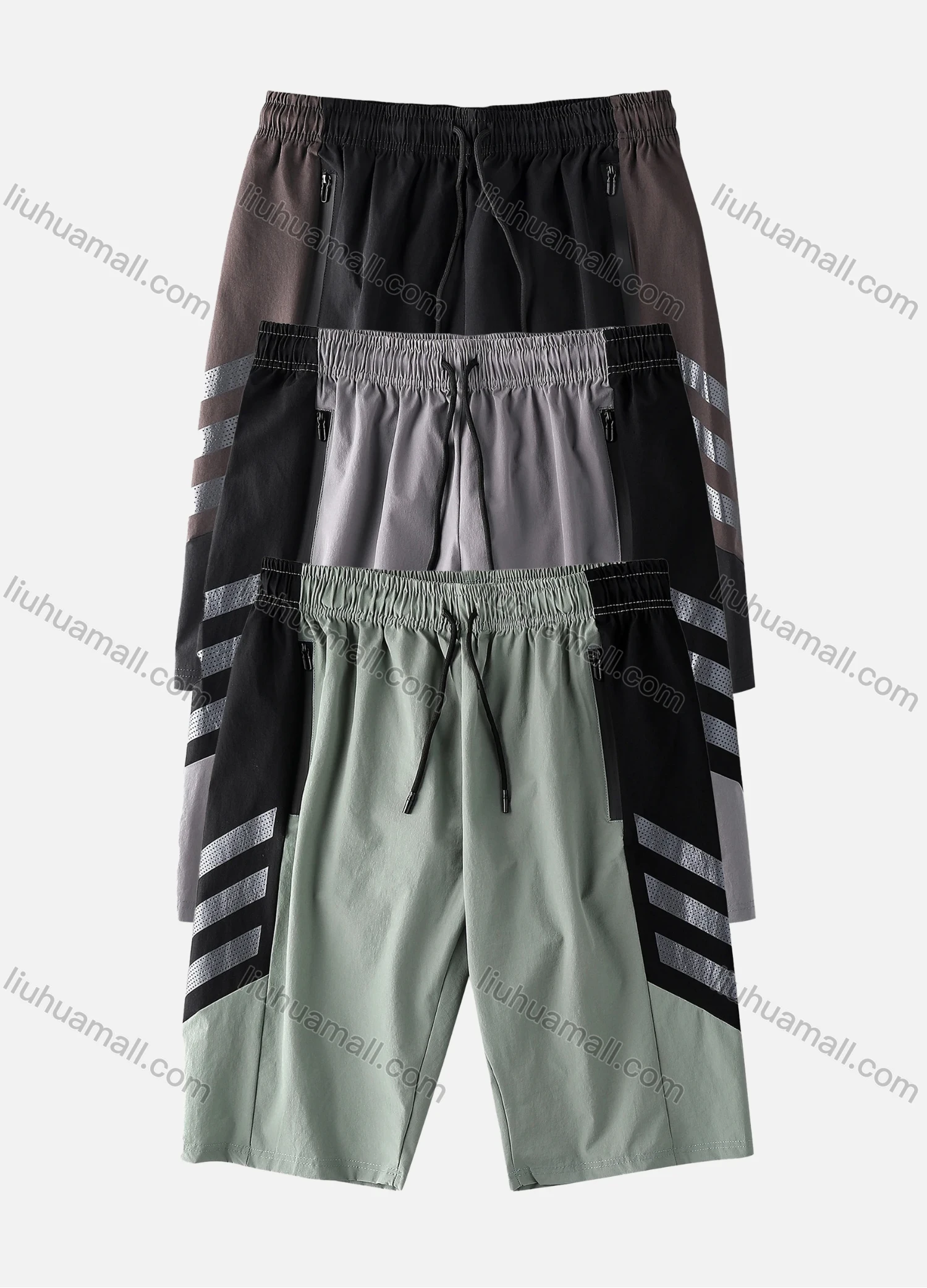 Wholesale Men's Performance Workout Colorblock Reflective Stripes Athletic Shorts With Zip Pockets B1020# - Liuhuamall