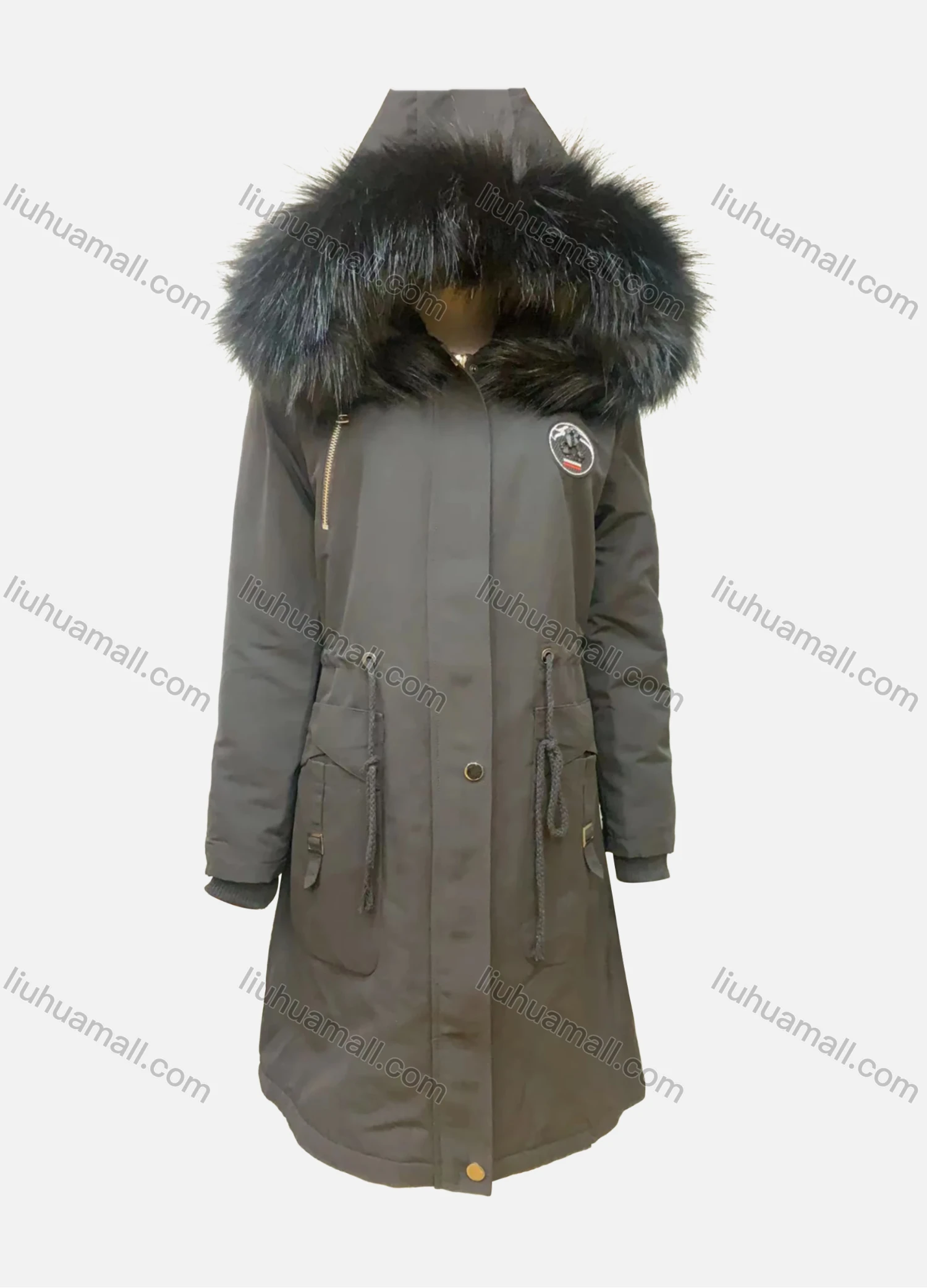 Wholesale Women's Fuzzy Faux Fur Hooded Buttons Zipper Labelled Drawstring Pockets Mid-Length Coat - Liuhuamall