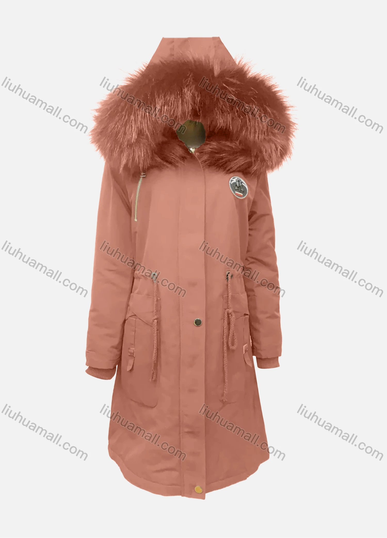 Wholesale Women's Fuzzy Faux Fur Hooded Buttons Zipper Labelled Drawstring Pockets Mid-Length Coat - Liuhuamall