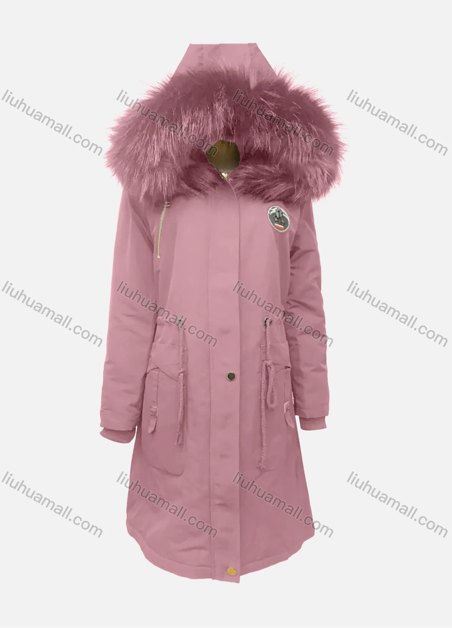 Wholesale Women's Fuzzy Faux Fur Hooded Buttons Zipper Labelled Drawstring Pockets Mid-Length Coat - Liuhuamall
