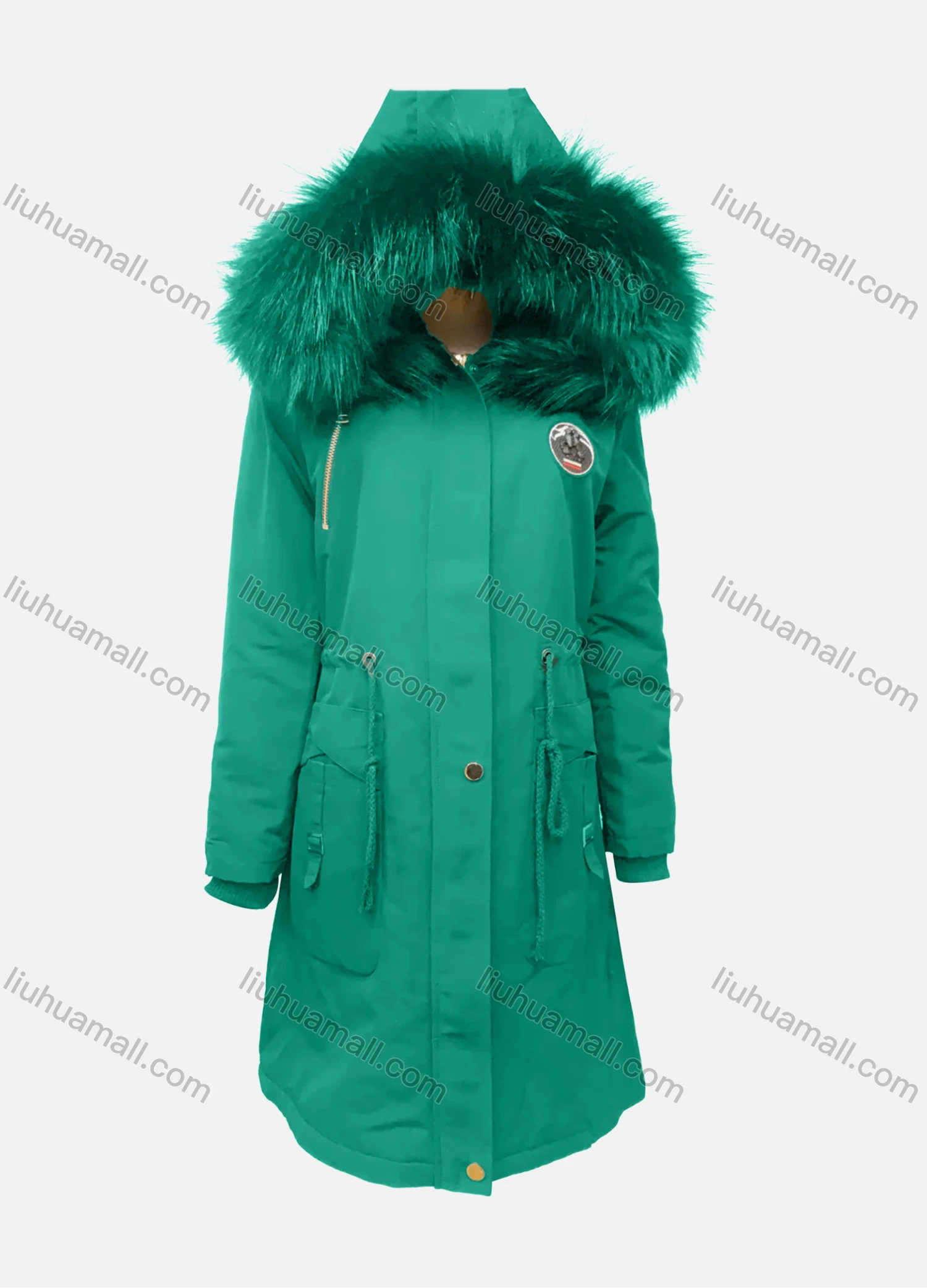 Wholesale Women's Fuzzy Faux Fur Hooded Buttons Zipper Labelled Drawstring Pockets Mid-Length Coat - Liuhuamall