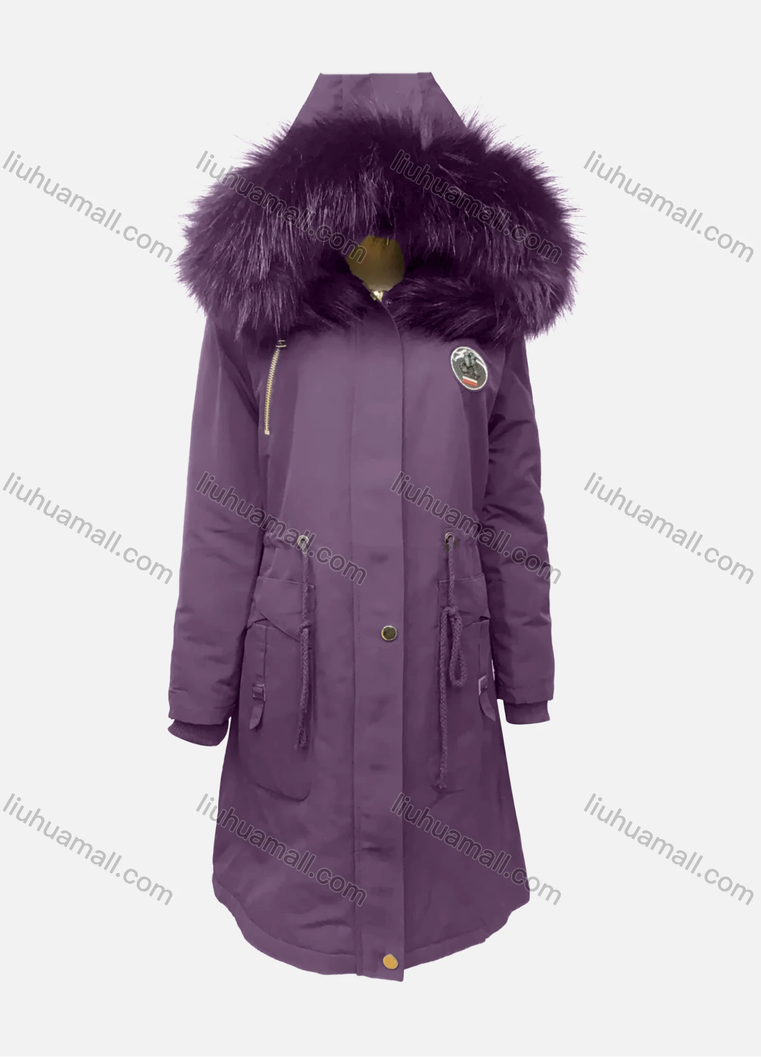 Wholesale Women's Fuzzy Faux Fur Hooded Buttons Zipper Labelled Drawstring Pockets Mid-Length Coat - Liuhuamall