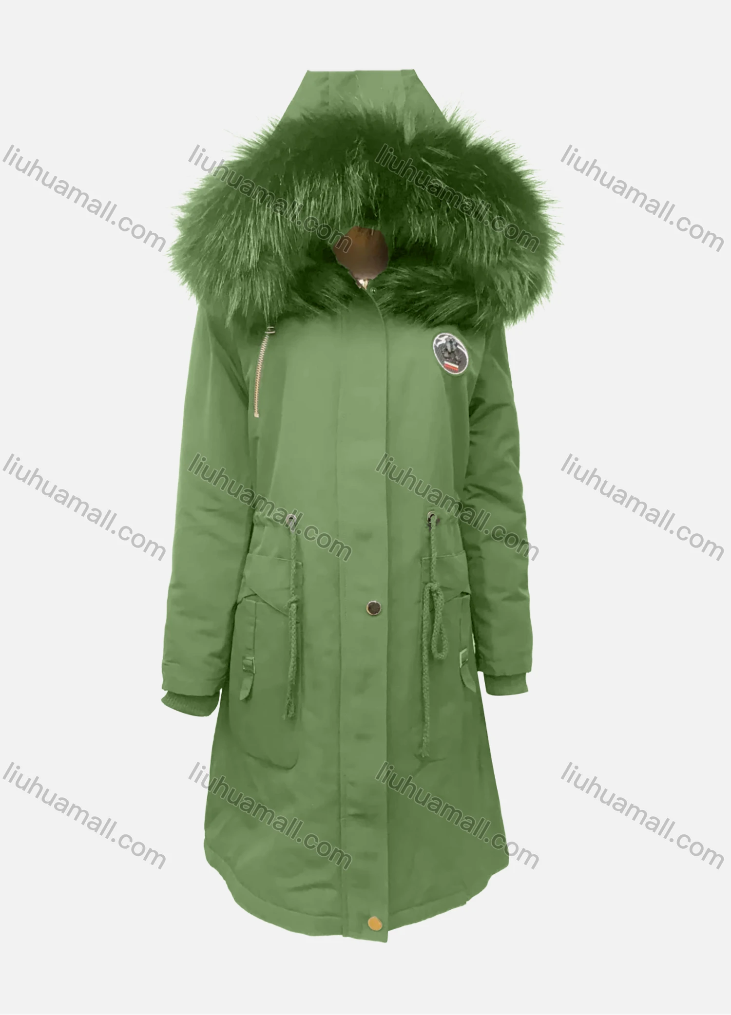 Wholesale Women's Fuzzy Faux Fur Hooded Buttons Zipper Labelled Drawstring Pockets Mid-Length Coat - Liuhuamall