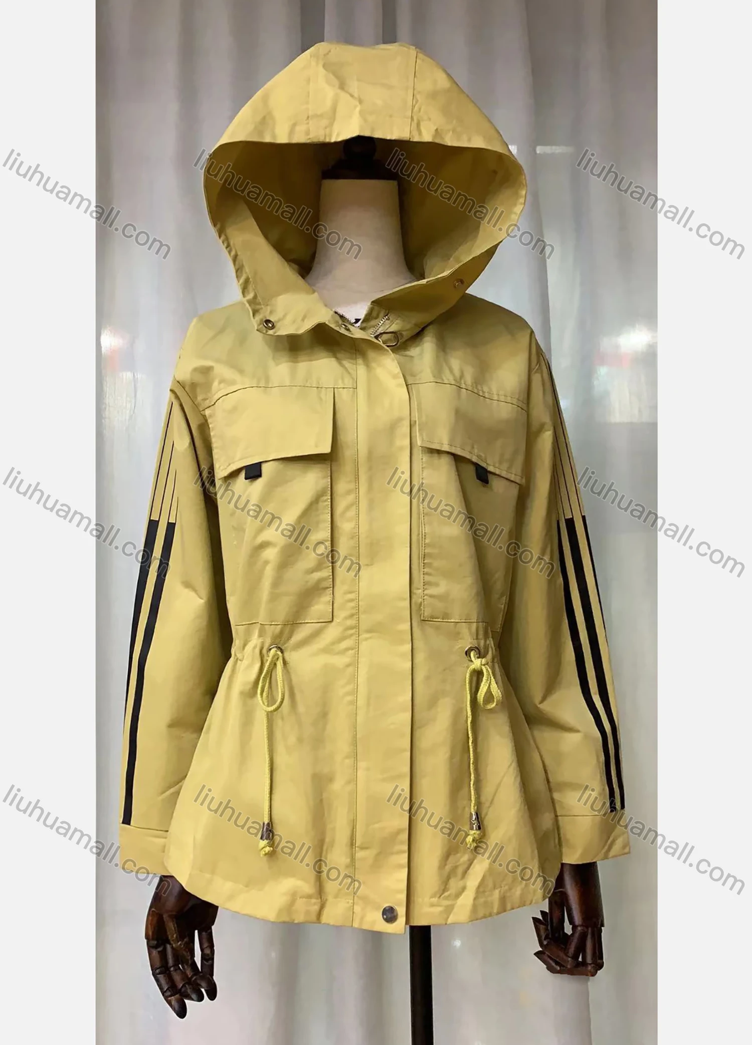 Wholesale Women's Hooded Striped Zipper Buttons Flap Pockets Drawstring Rain Jacket - Liuhuamall