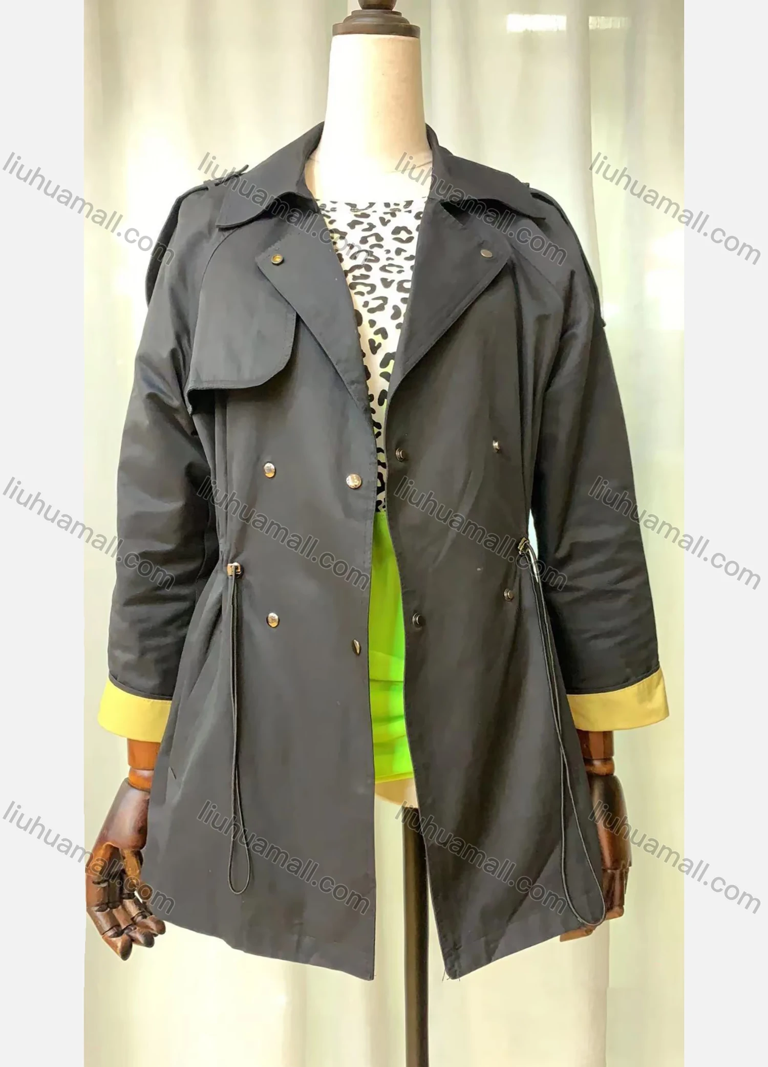 Wholesale Women's Lapel Straps Buttons Drawstring Pockets Plain Casual Coat - Liuhuamall