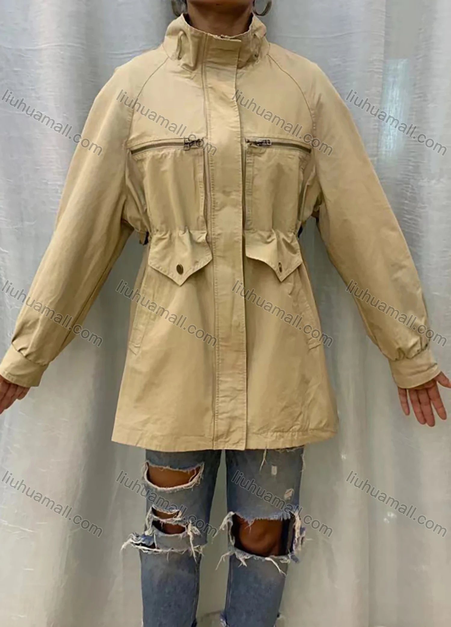 Wholesale Women's Stand Collar Zippers Pockets Buttons Plain Casual Coat - Liuhuamall