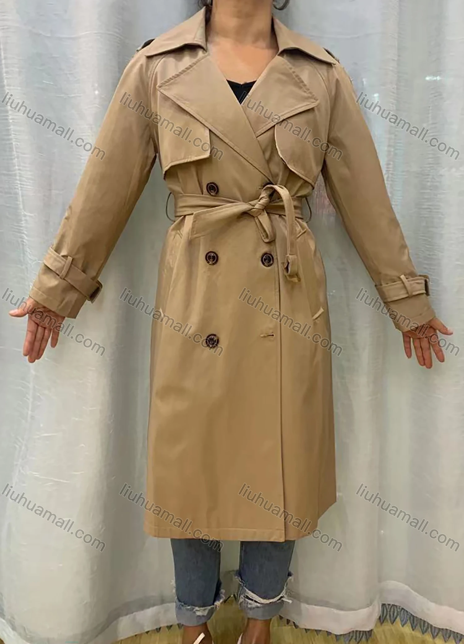 Wholesale Women's Lapel Long Sleeve Buckled Cuff Double Breasted Belted Plain Long Trench Coat - Liuhuamall