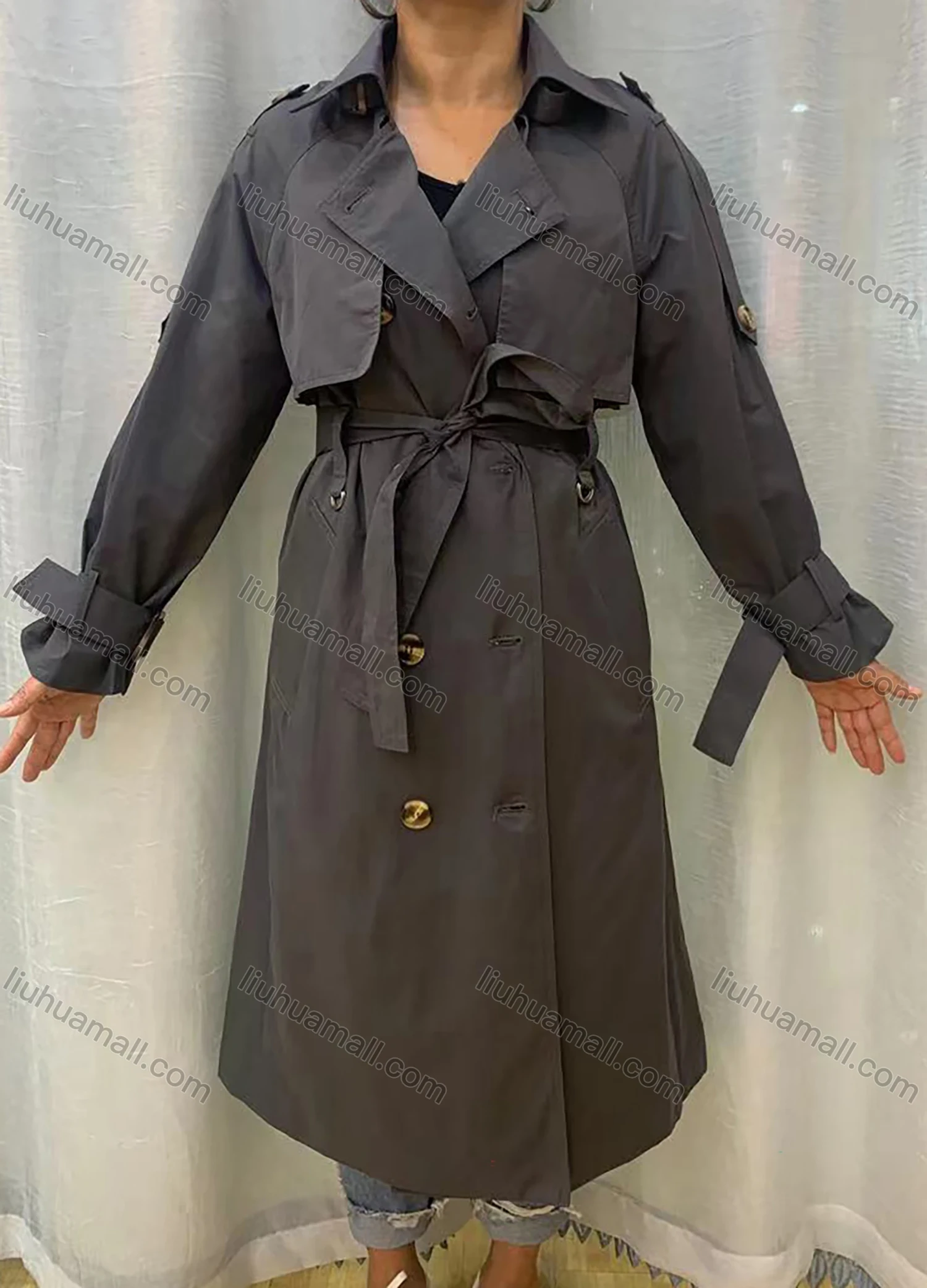 Wholesale Women's Lapel Straps Long Sleeve Buckled Cuff Double Breasted Belted Plain Long Trench Coat - Liuhuamall