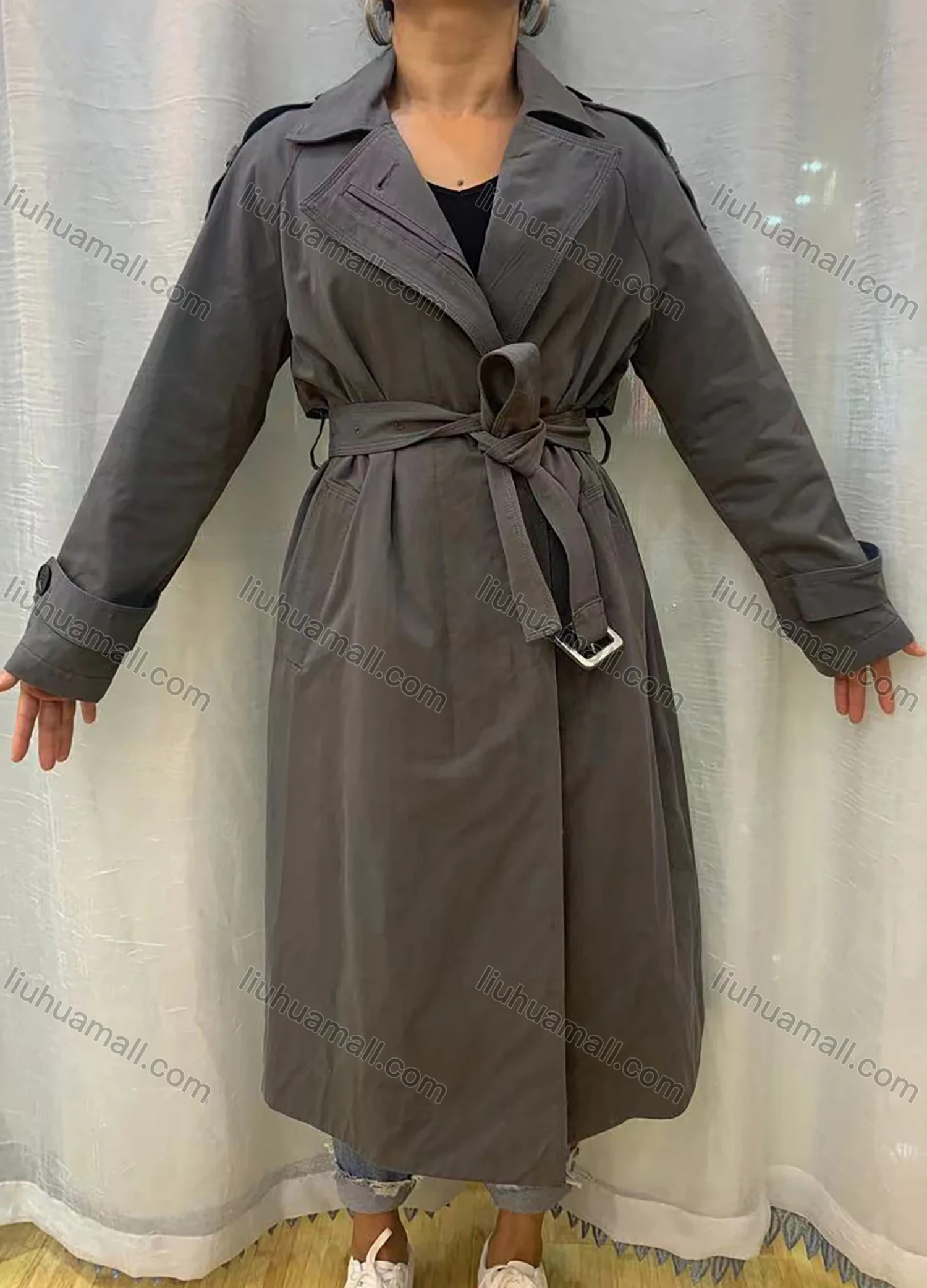 Wholesale Women's Lapel Straps Long Sleeve Buckled Cuff Belted Plain Long Wrap Coat - Liuhuamall