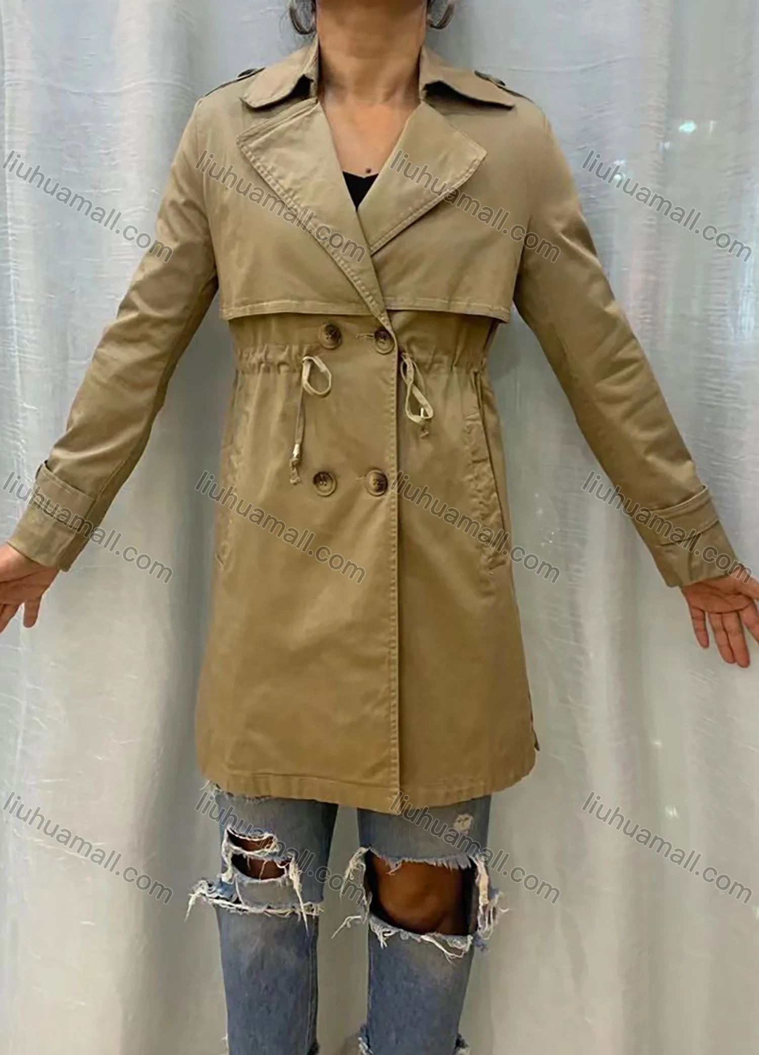 Wholesale Women's Lapel Straps Long Sleeve Buckled Cuff Double Breasted Drawstring Plain Long Trench Coat - Liuhuamall