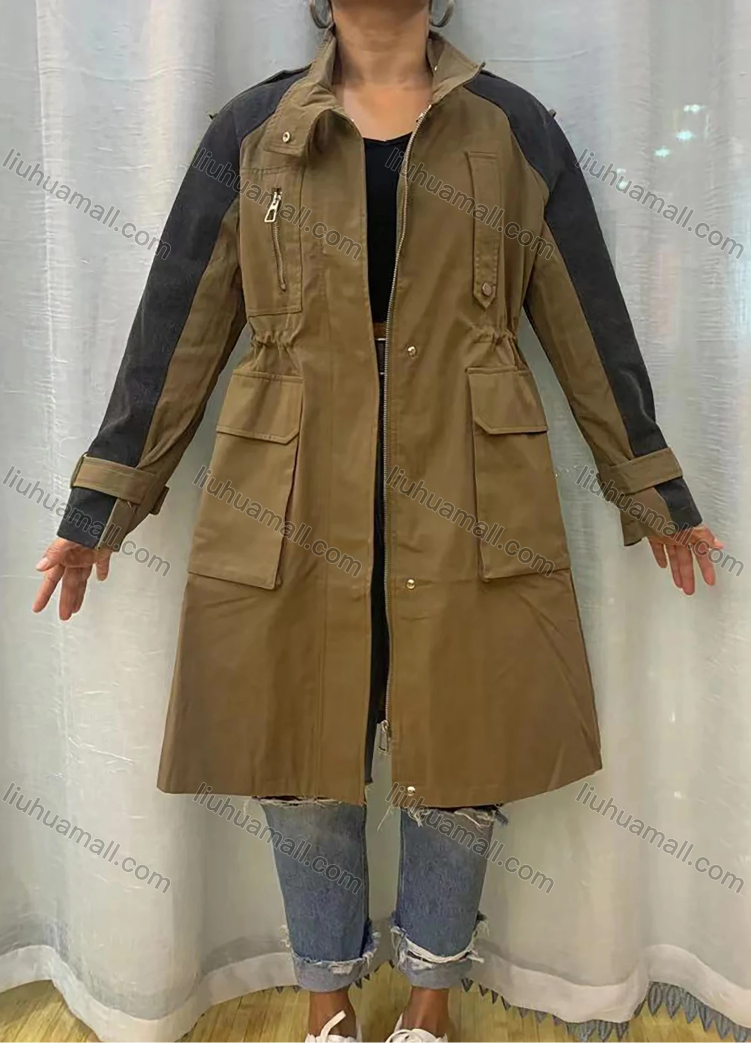 Wholesale Women's Stand Collar Straps Zippers Buttons Colorblock Flap Pockets Buckled Cuff Coat - Liuhuamall