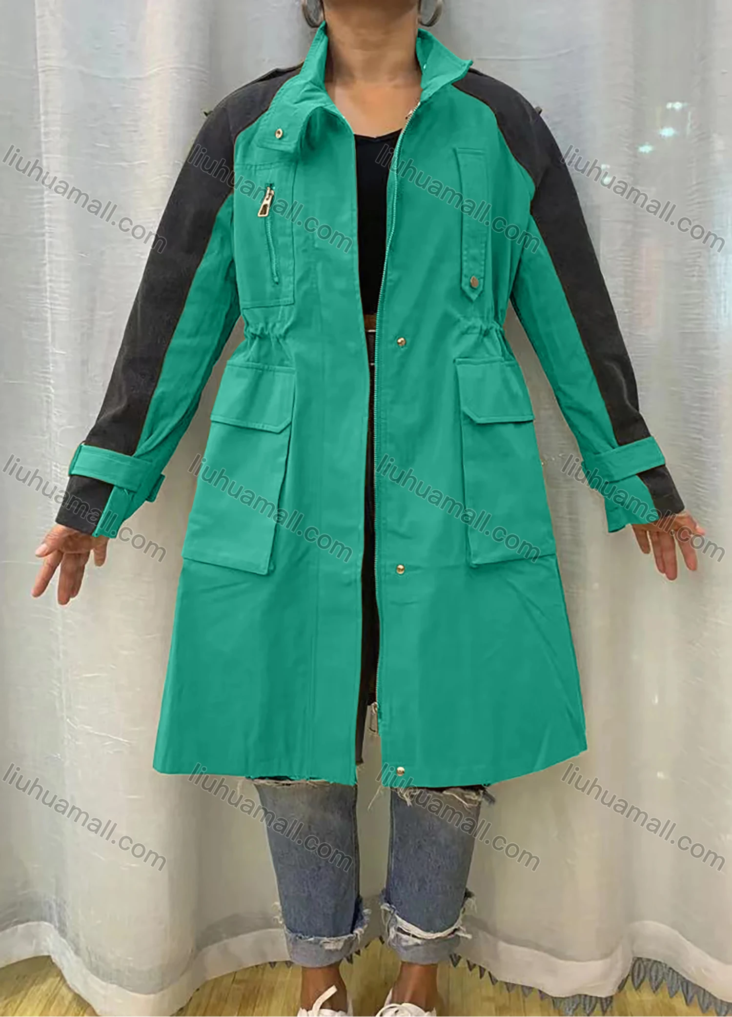 Wholesale Women's Stand Collar Straps Zippers Buttons Colorblock Flap Pockets Buckled Cuff Coat - Liuhuamall