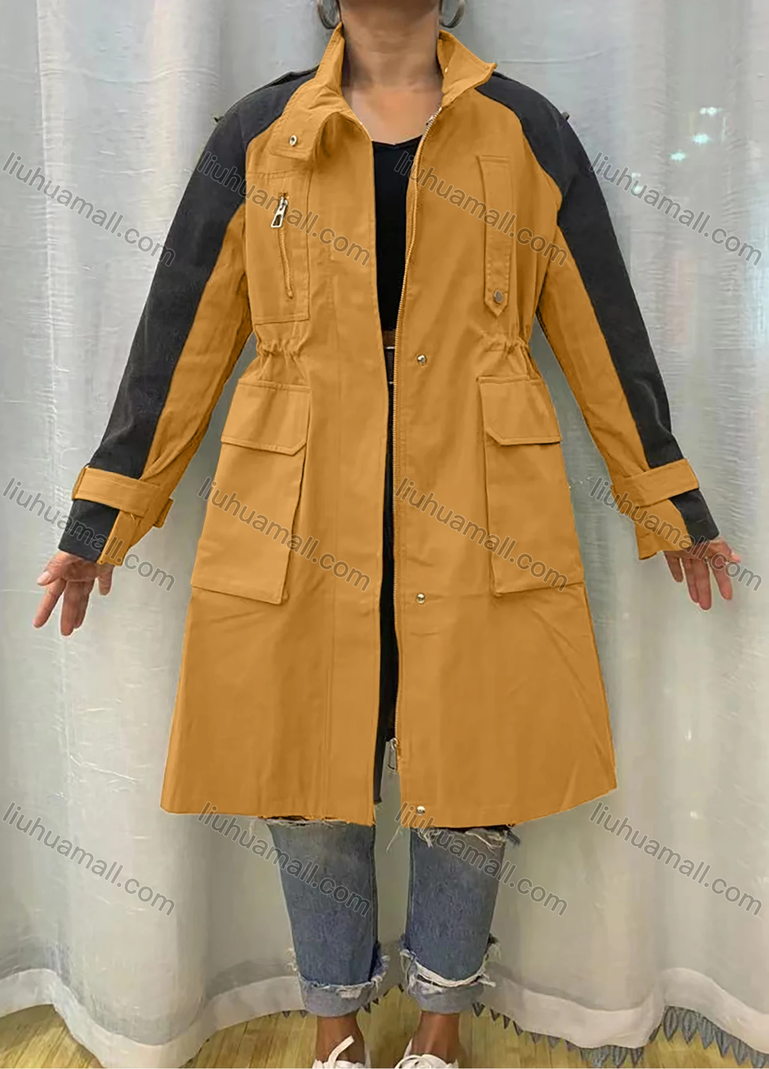 Wholesale Women's Stand Collar Straps Zippers Buttons Colorblock Flap Pockets Buckled Cuff Coat - Liuhuamall