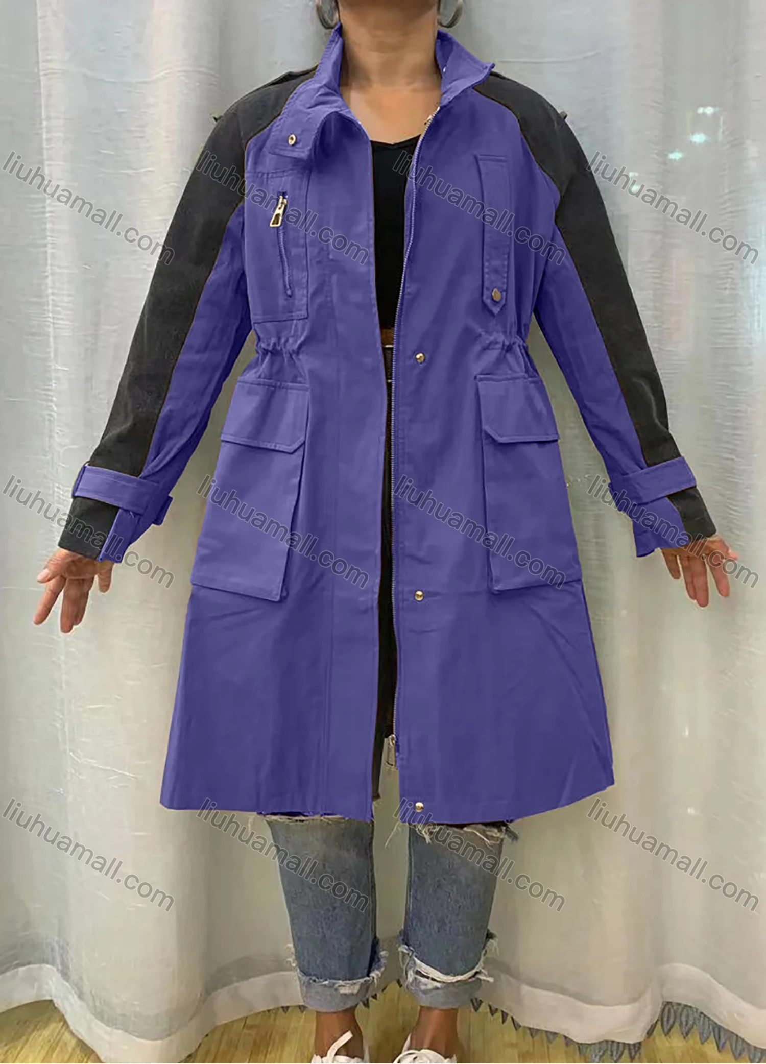 Wholesale Women's Stand Collar Straps Zippers Buttons Colorblock Flap Pockets Buckled Cuff Coat - Liuhuamall